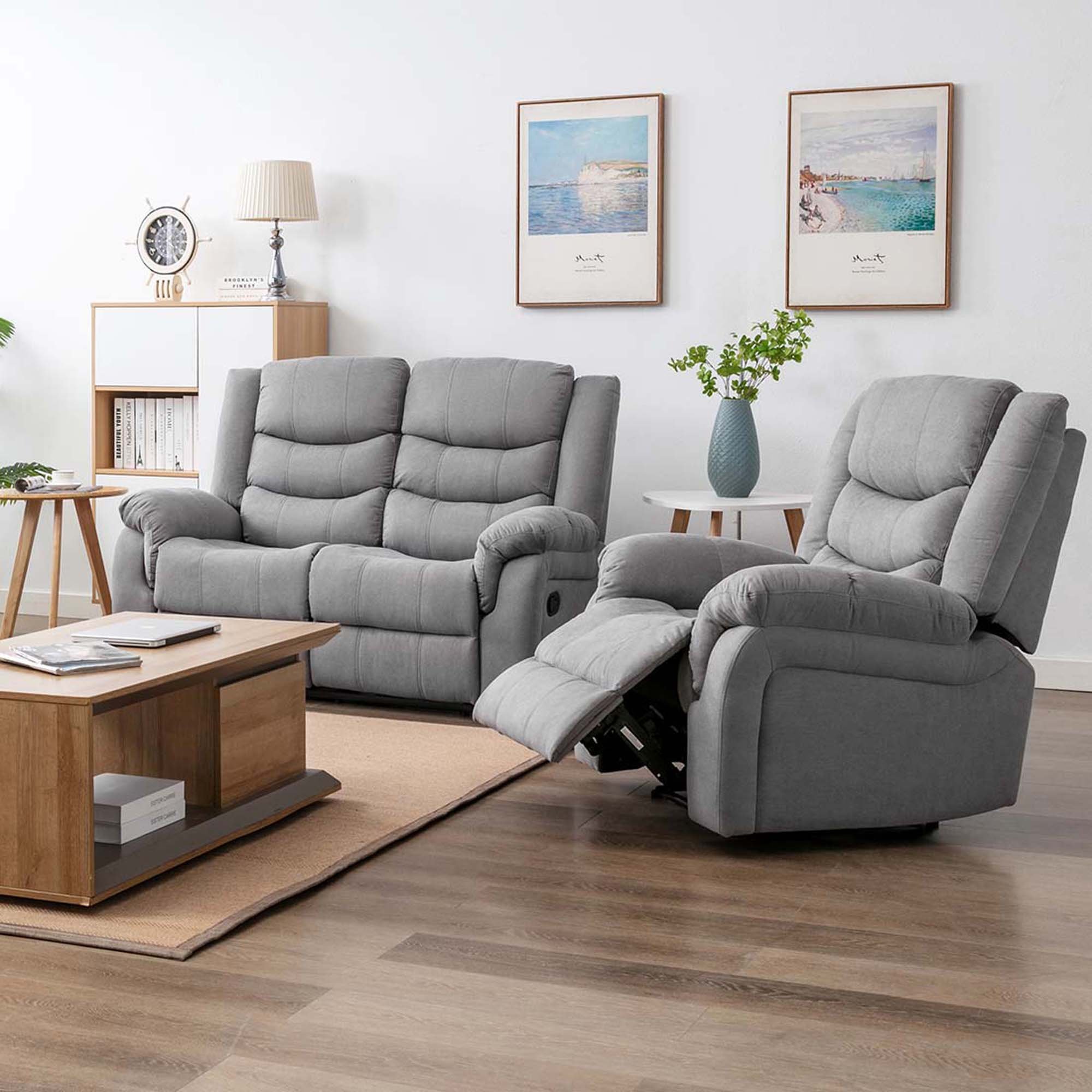 Furniture Online Seattle Manual Recliner Fabric 1+2 Seater Sofa Set - Grey