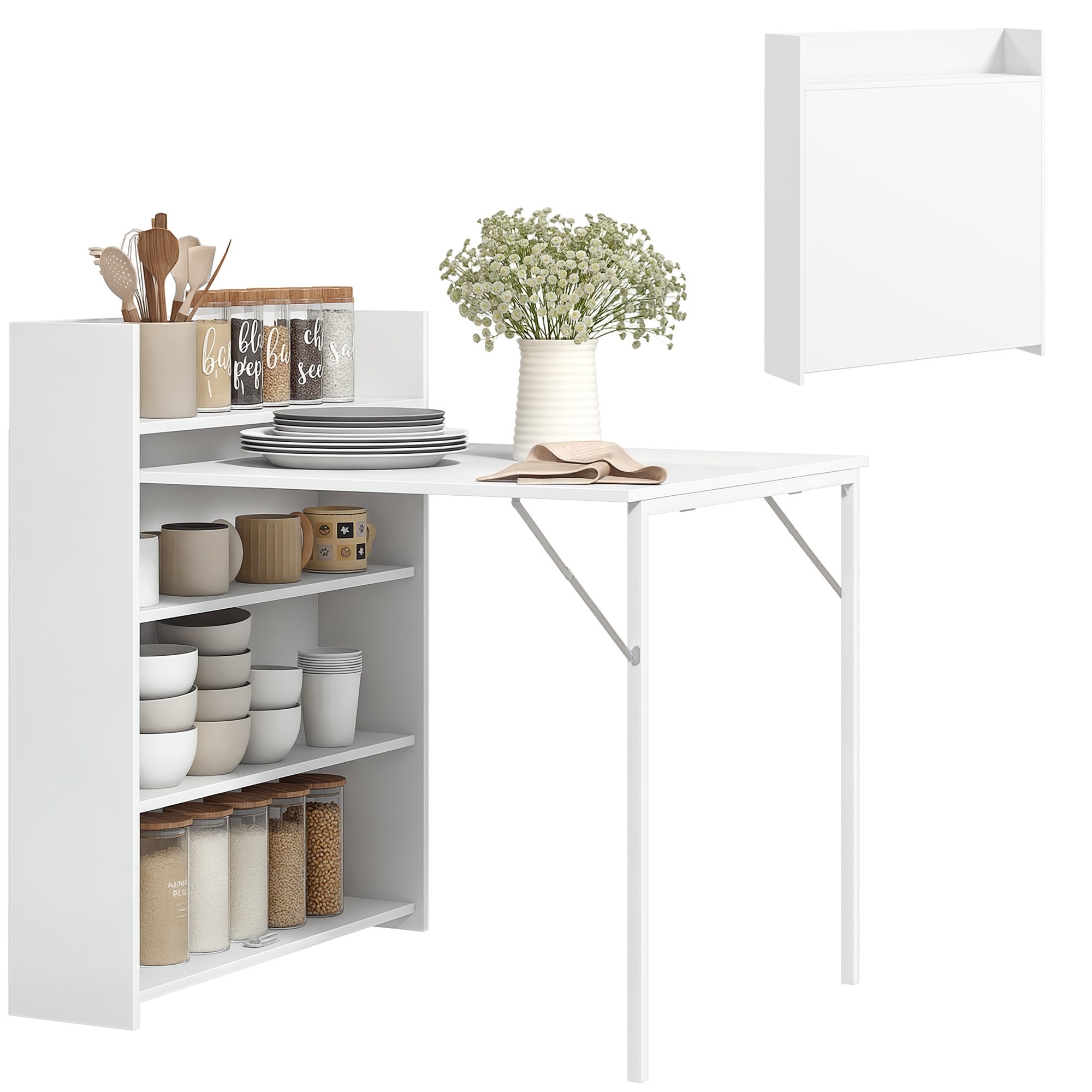 HOMCOM 3 Seater Modern Folding Dining Table with Shelves - White