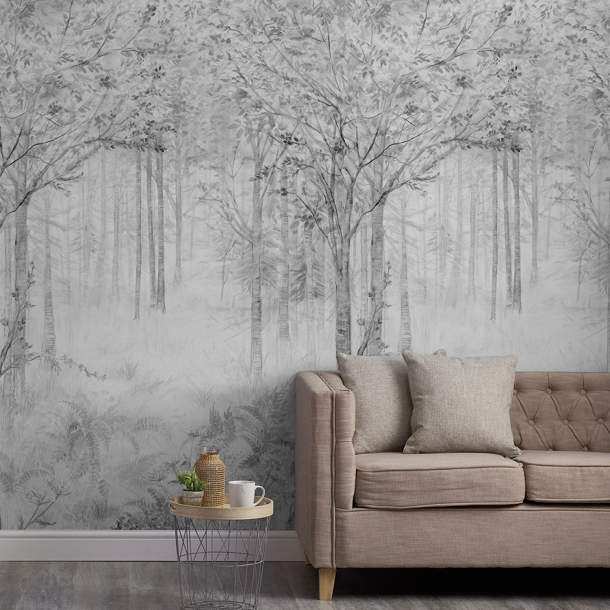 Grandeco Fairytale Trees Grey 3 Lane Repeatable Wallpaper Mural   - Grey