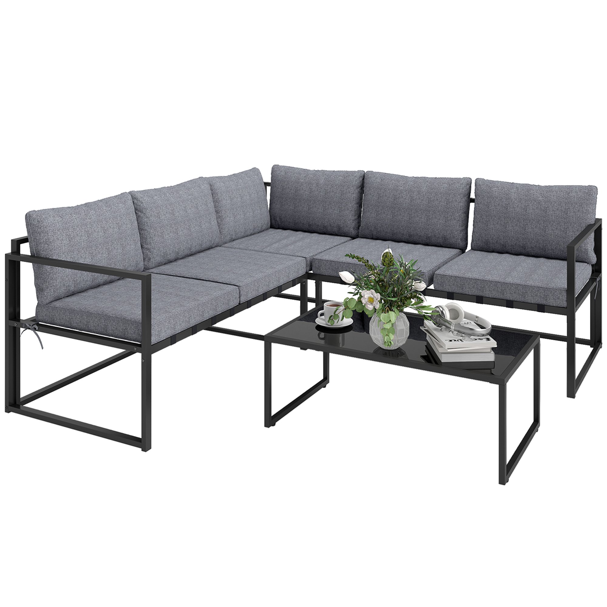 Outsunny 3 Piece Corner Furniture Set with Cushions - Grey
