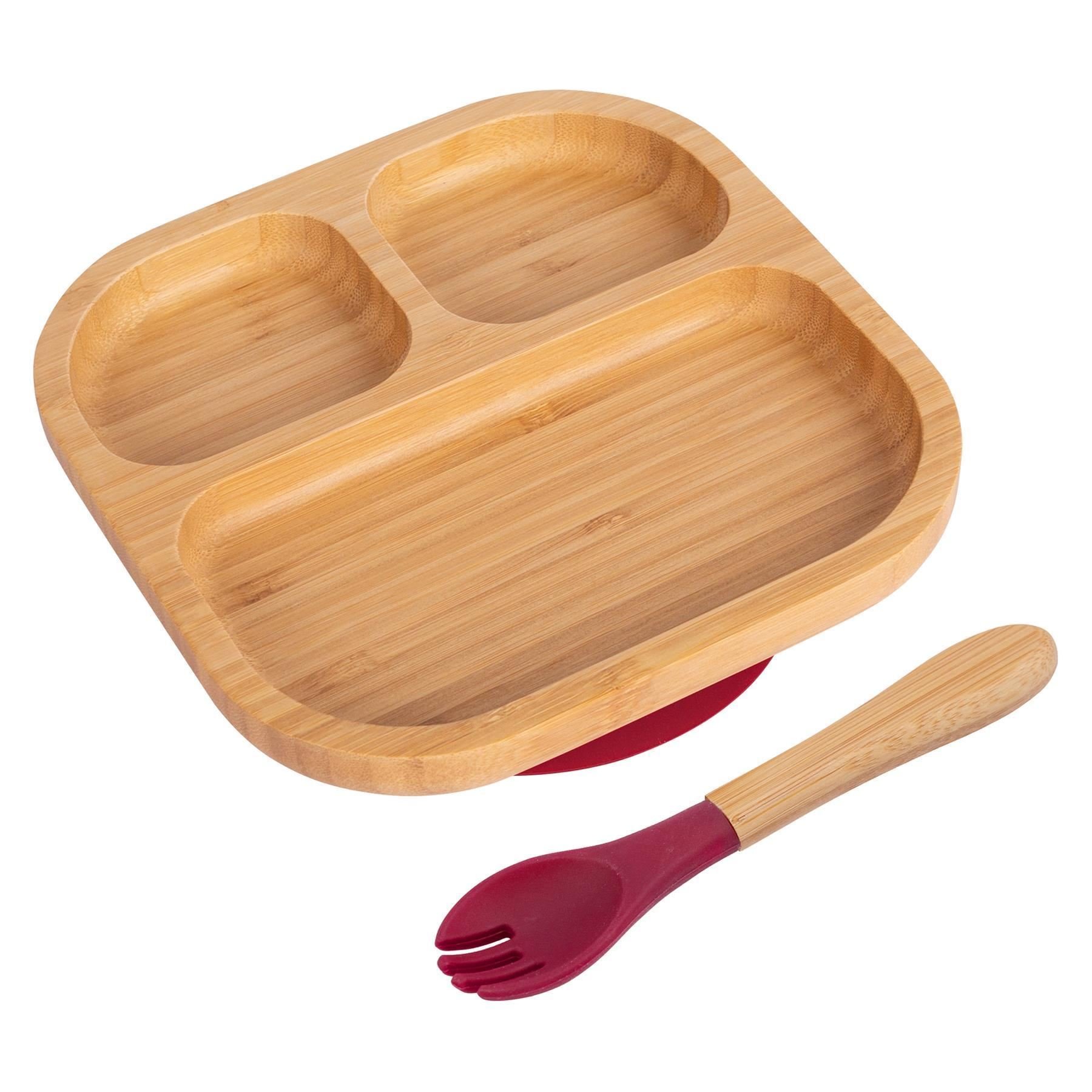 Tiny Dining Bamboo Segmented Baby Weaning Plate & Fork Set - Red