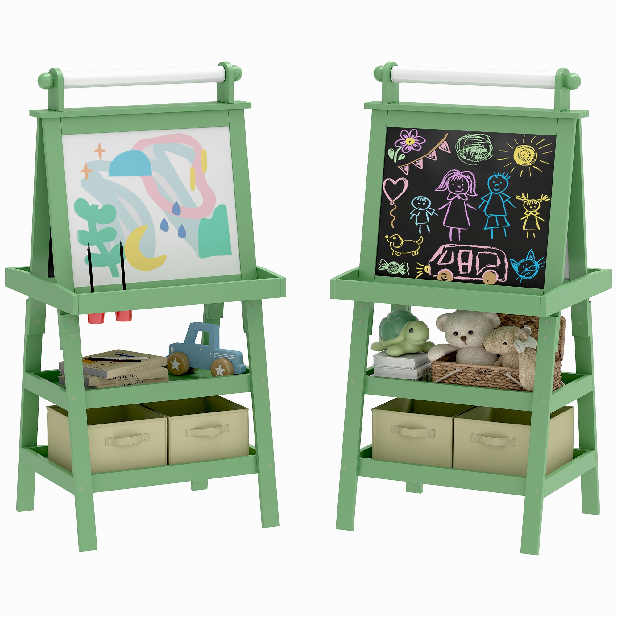 AIYAPLAY 3 in 1 Paper Roll Whiteboard Chalkboard Baskets Kids Easel - Green