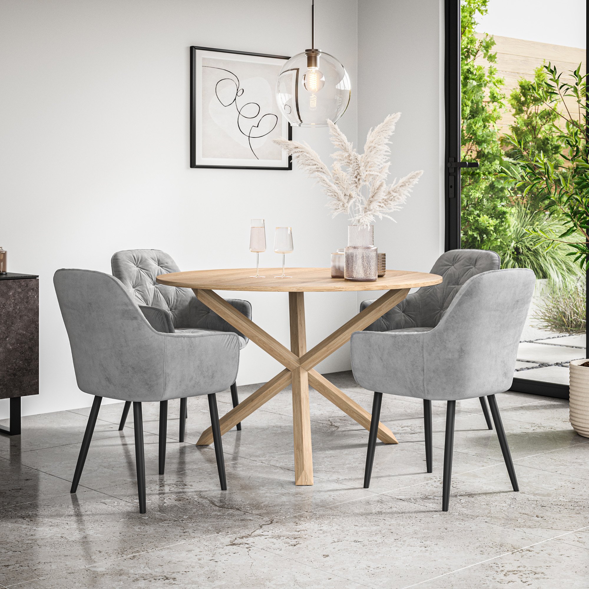 Furniture Online Malvern Anika Oak Table Dining Table & 4 Grey Chairs