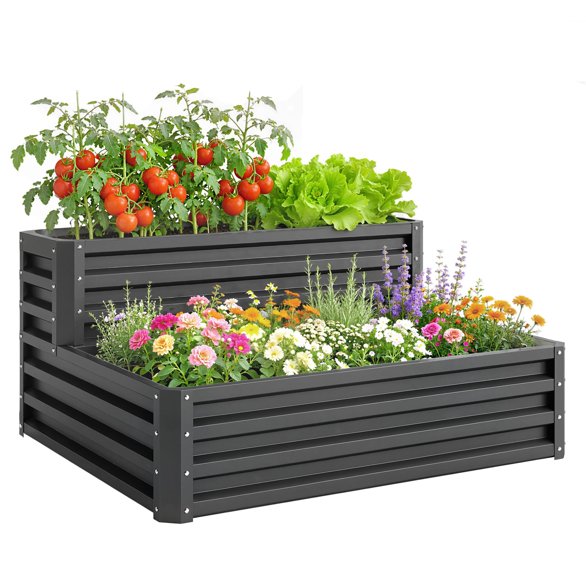 Outsunny 2 Tier Steel Raised Garden Bed with Open Bottom - Dark Grey