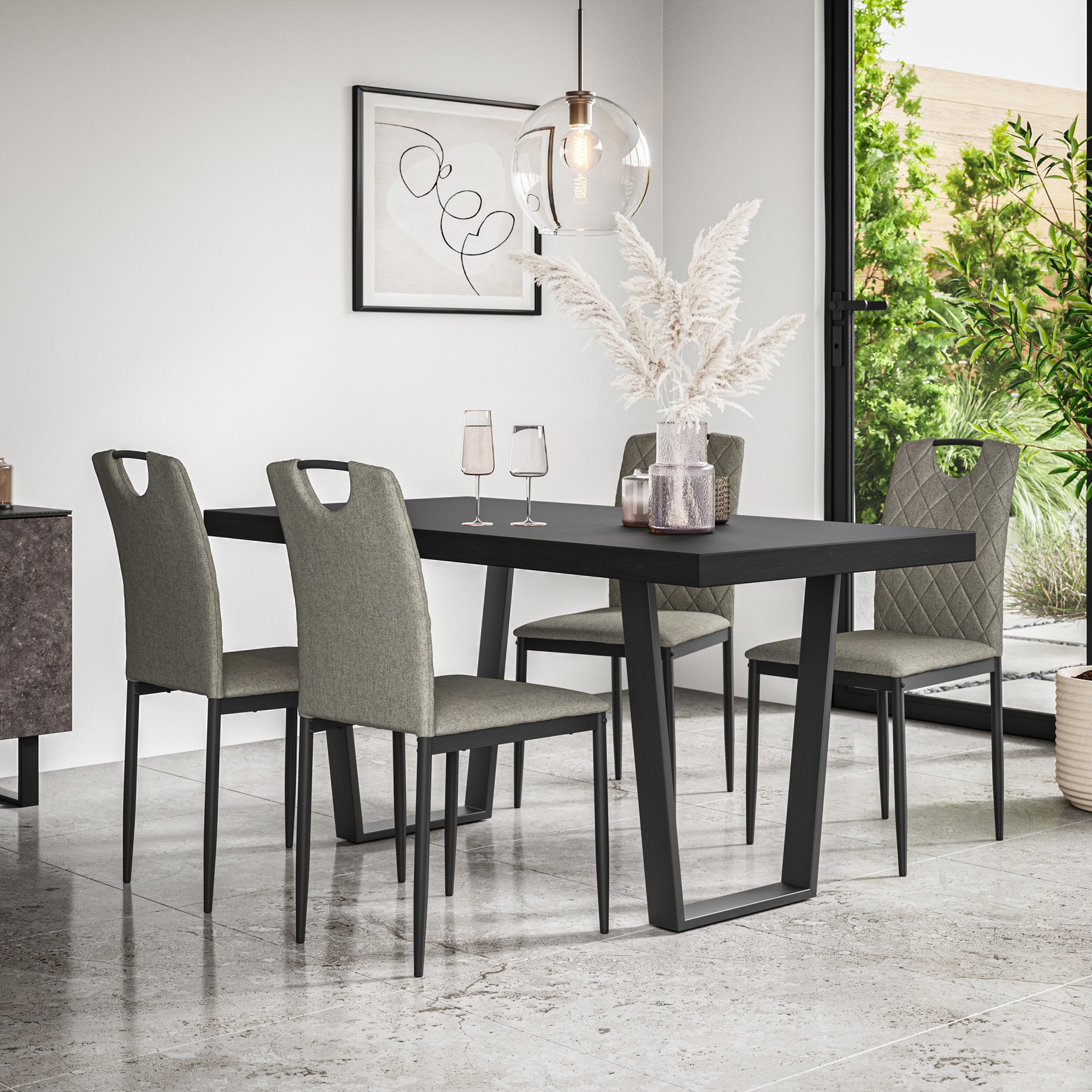 Furniture Online Aria Monza Black Top Dining Table & 4 Grey Chairs