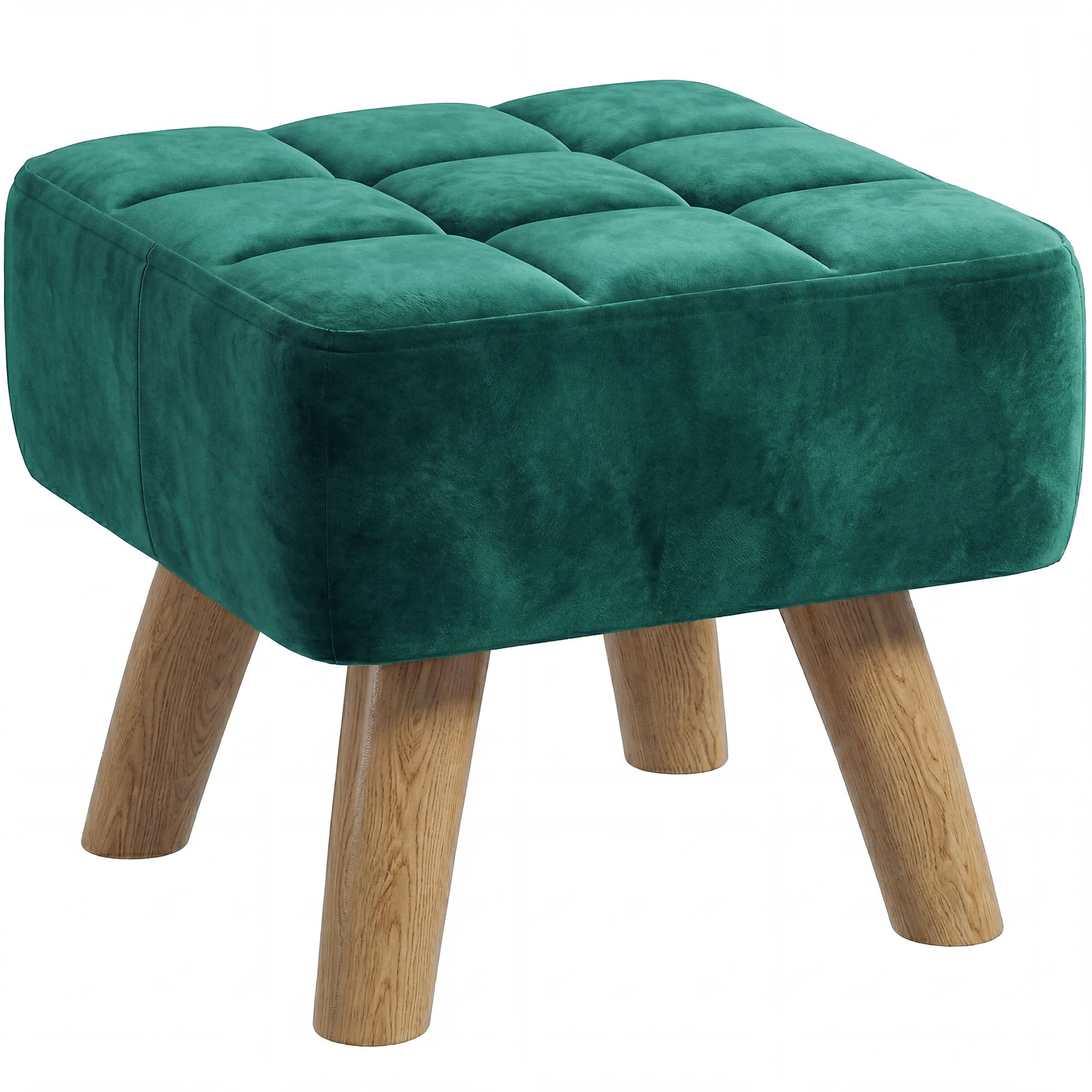 HOMCOM Velvet Tufted Footstool with Rubber Wood Legs - Dark Green