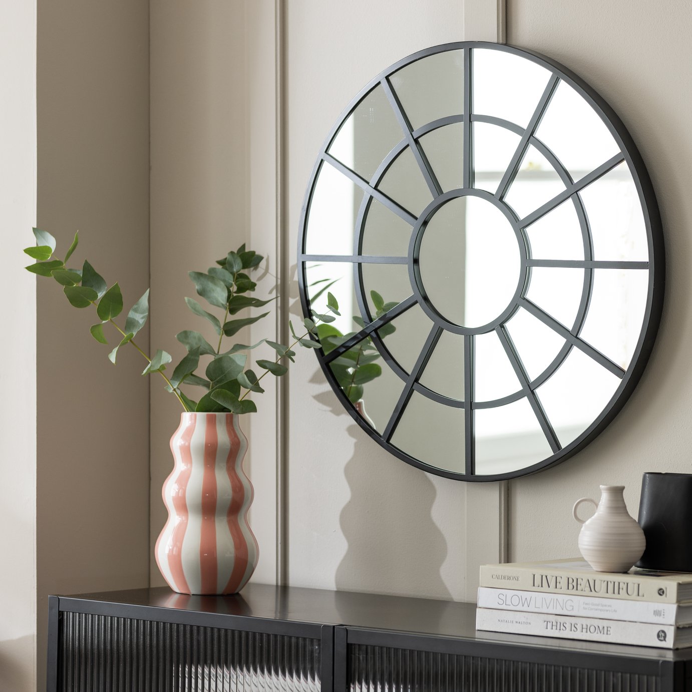 Habitat Black Windowpane Round Wall Mirror - 60x60cm