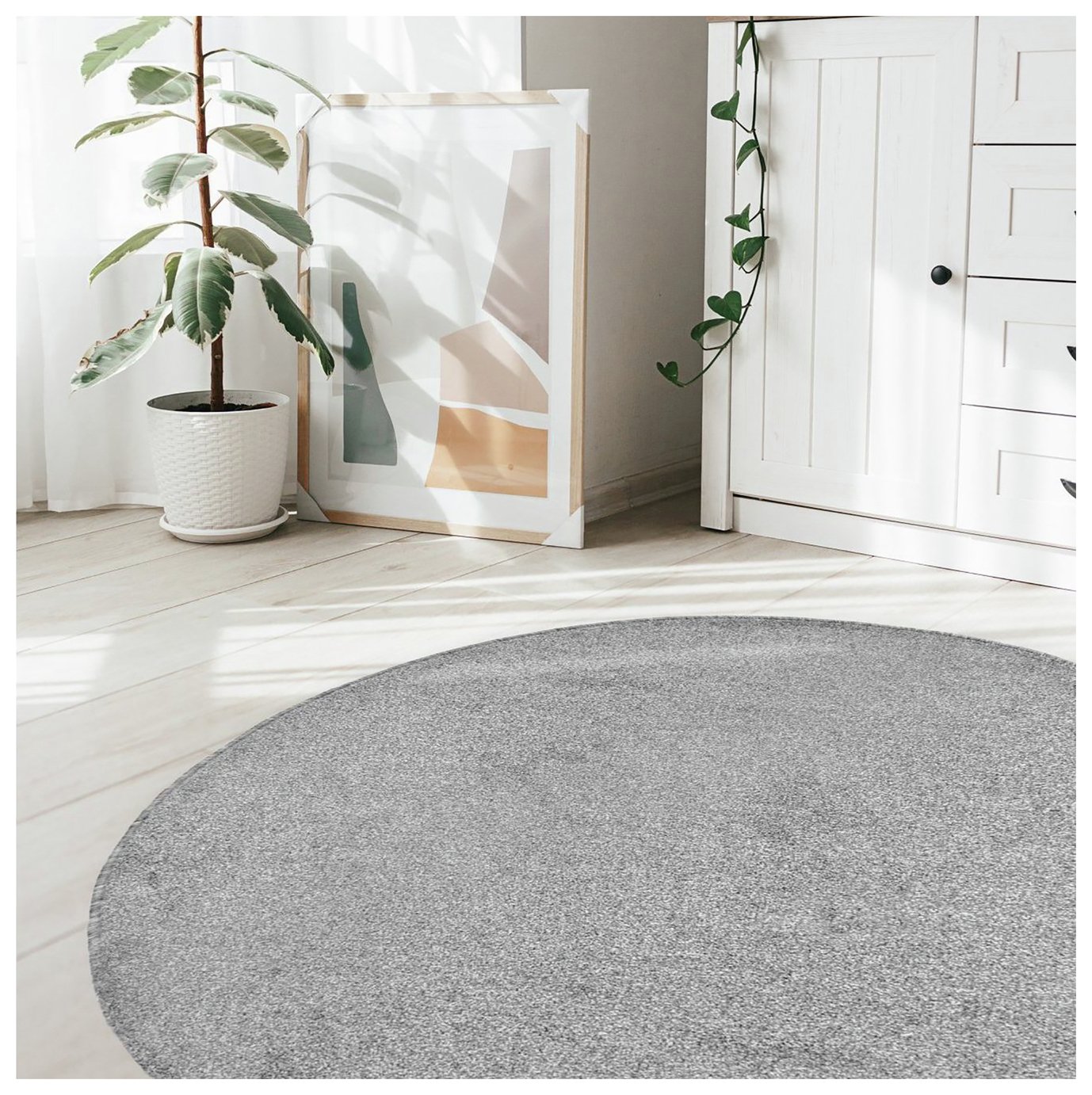 Relay Plain Round Grey Short Pile Rug - 133cm