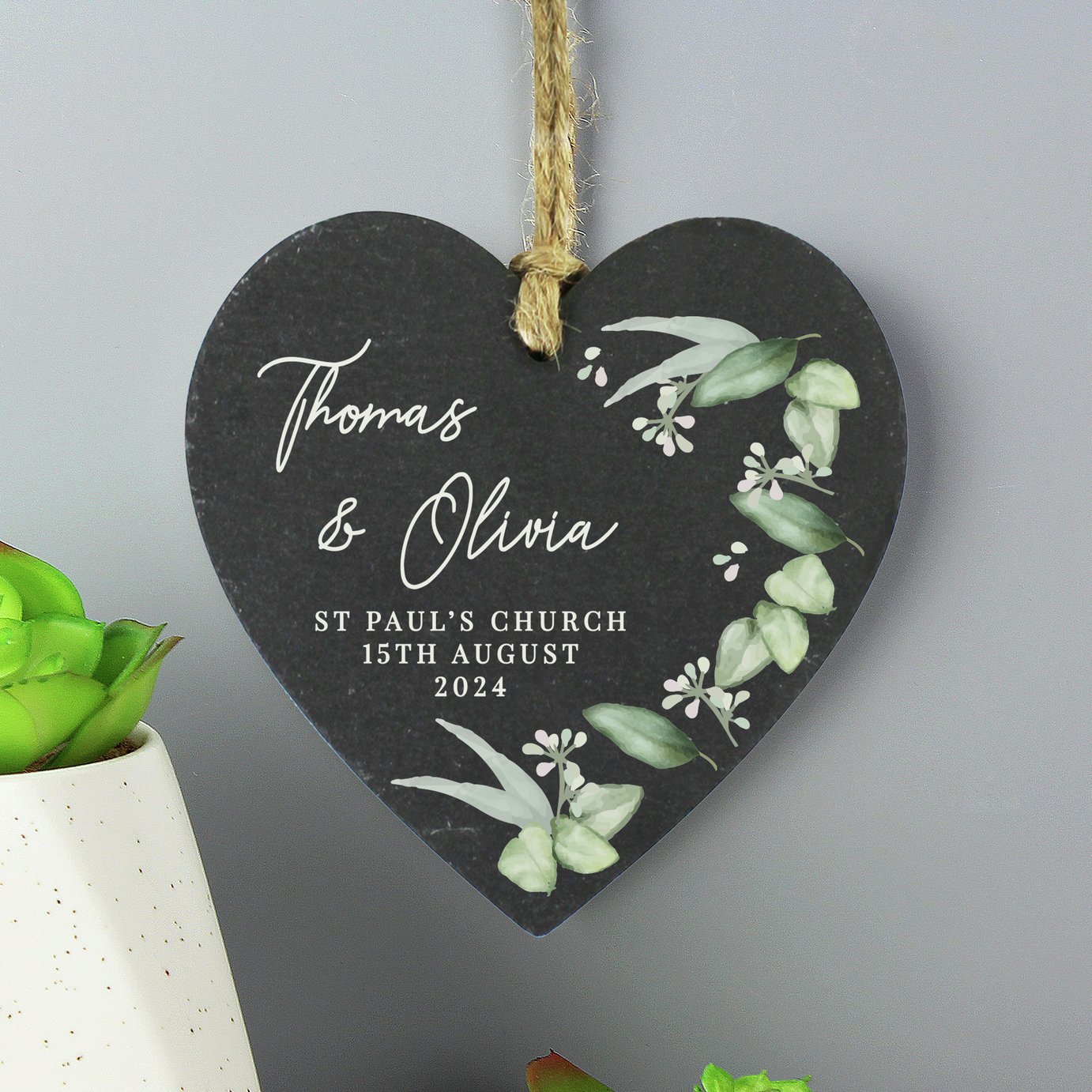 Personalised Message Botanical Heart Slate Ornament