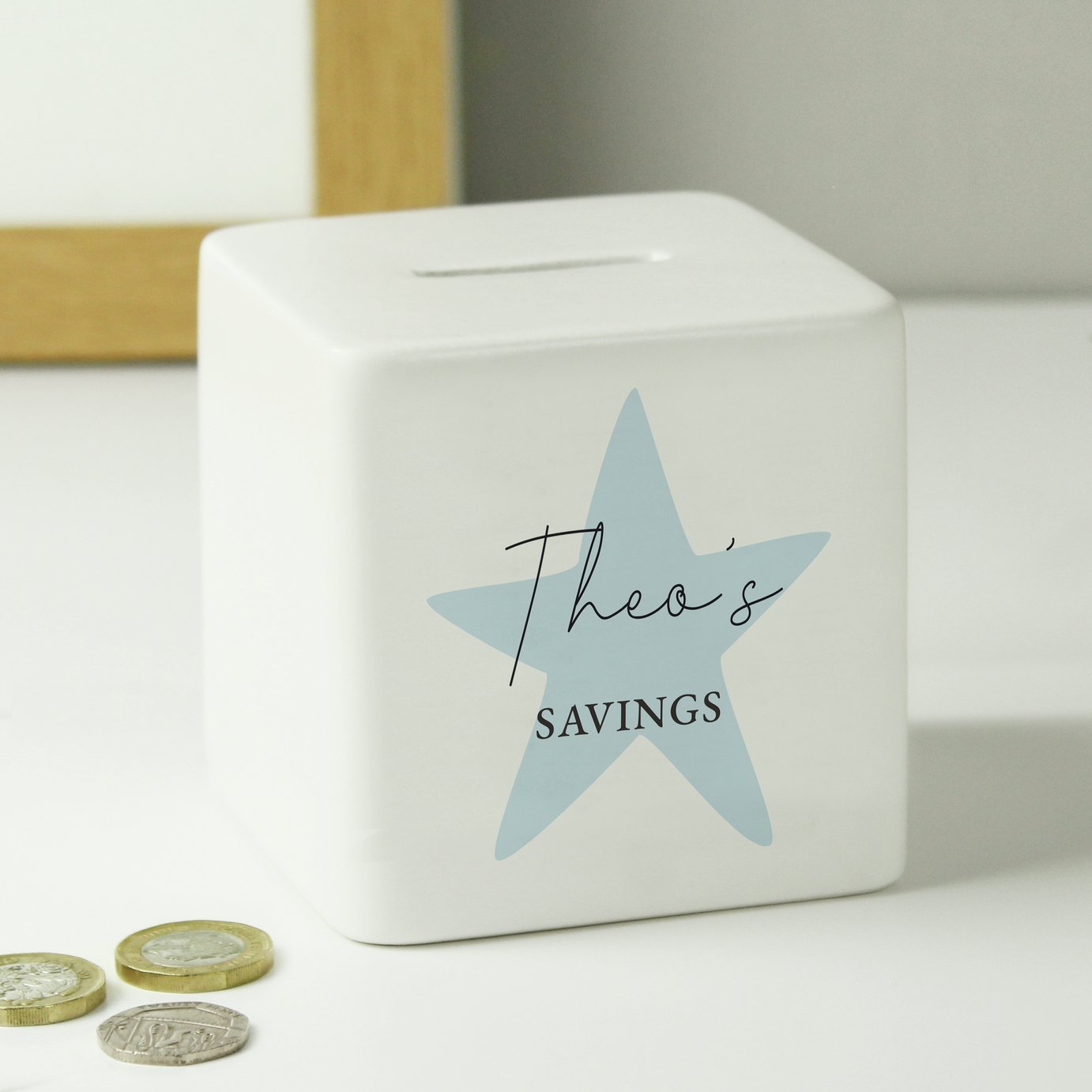 Personalised Message Blue Star Ceramic Money Box