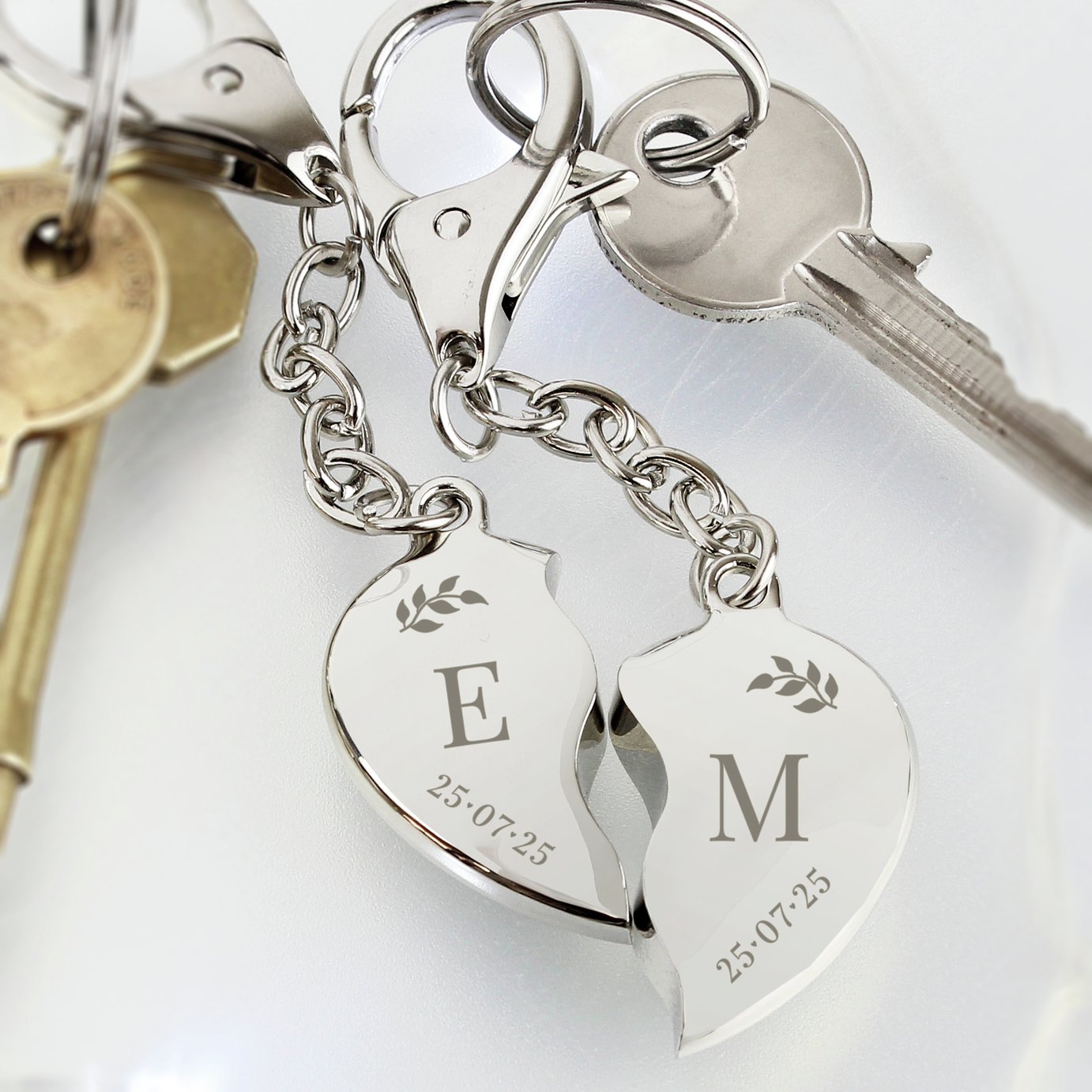 Personalised Message Foliage Two Hearts Keyring