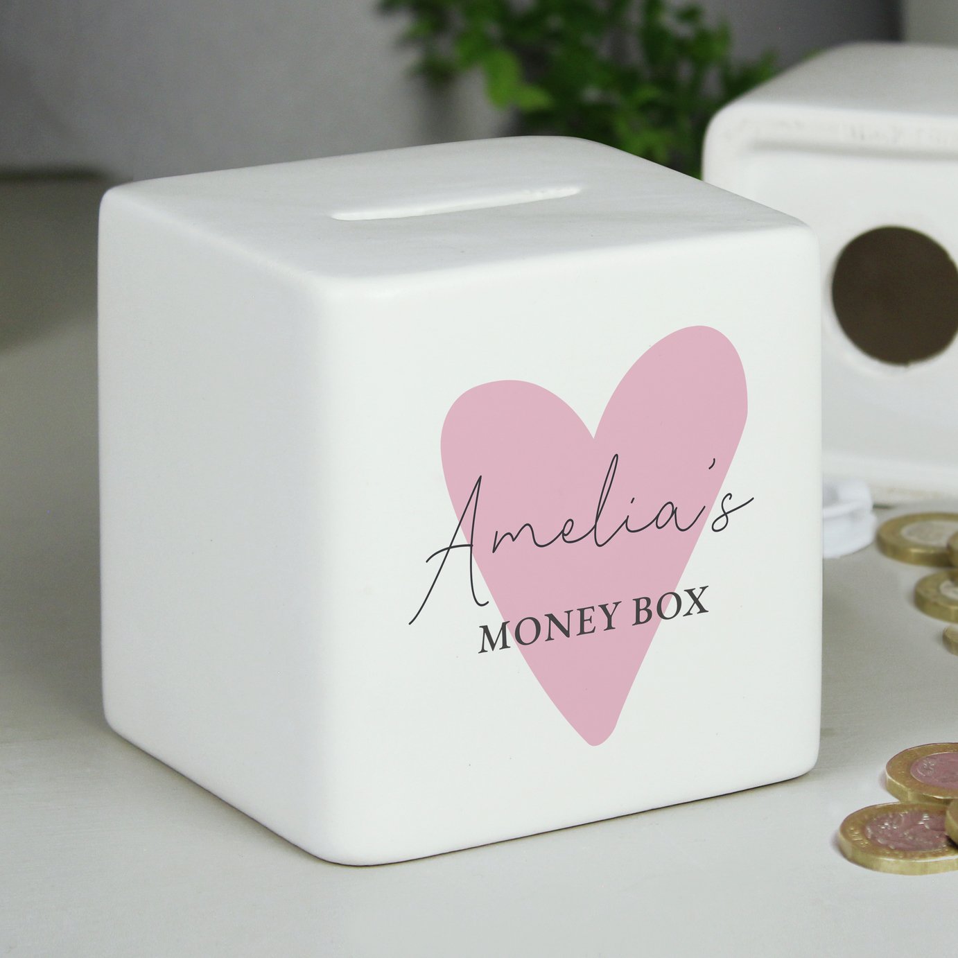 Personalised Message Pink Heart Money Box