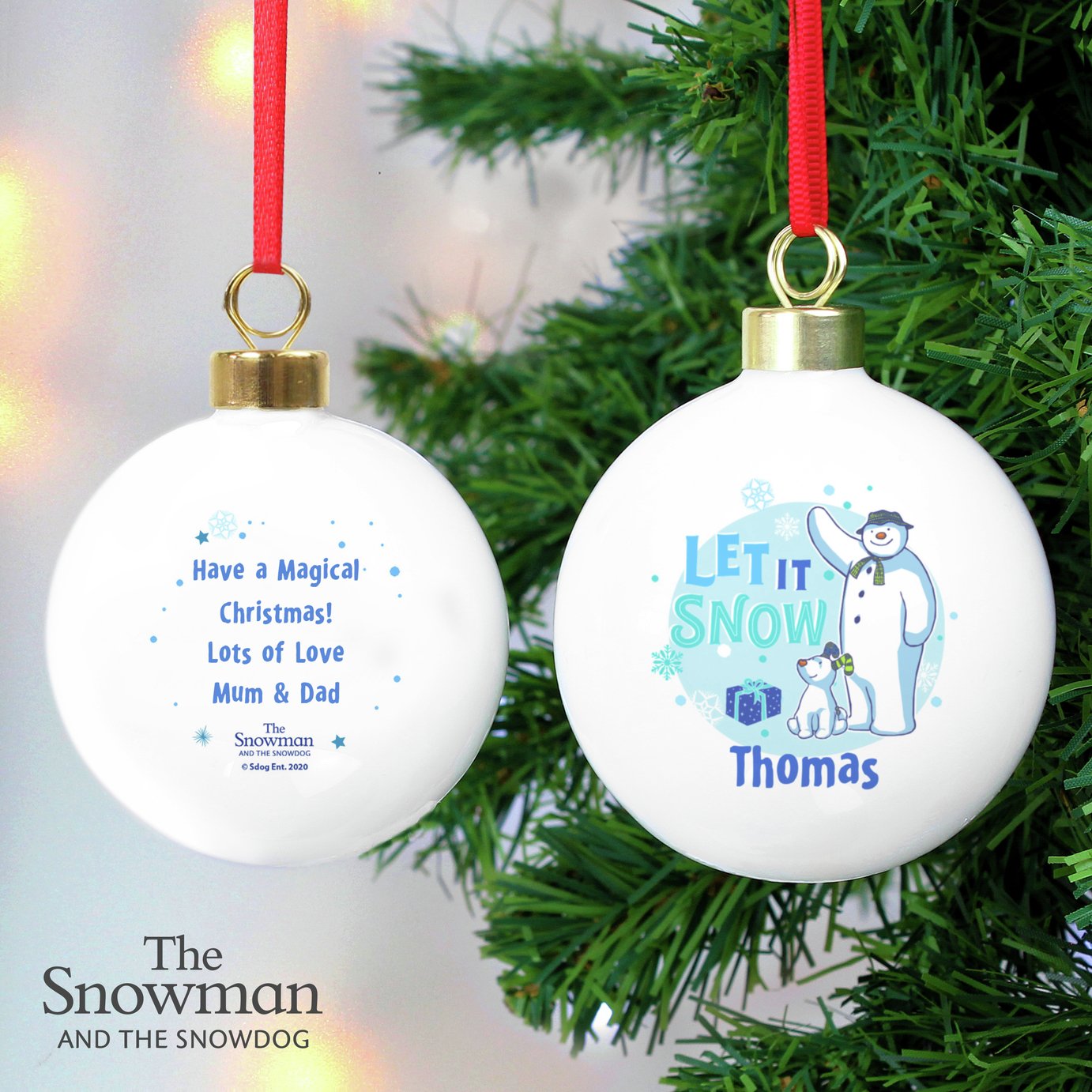 Personalised Message The Snowman & Snowdog  Christmas Bauble