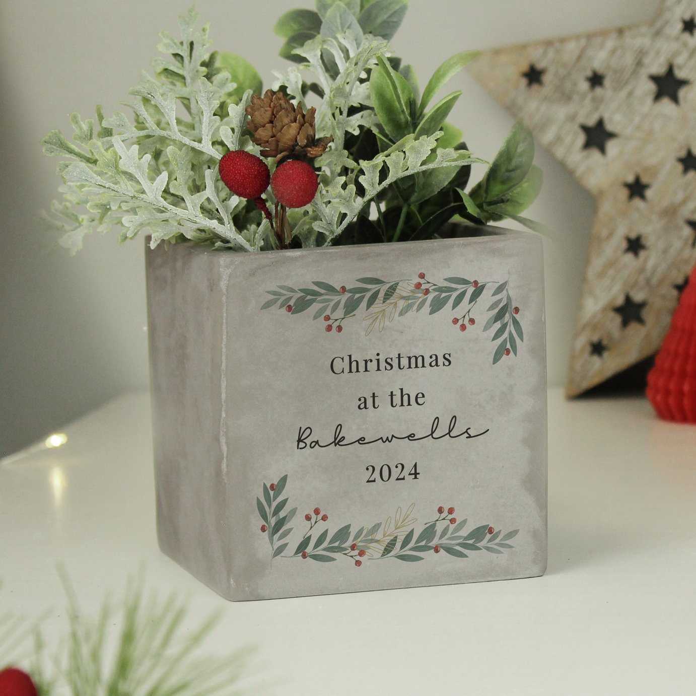 Personalised Message Christmas Foliage Concrete Planter