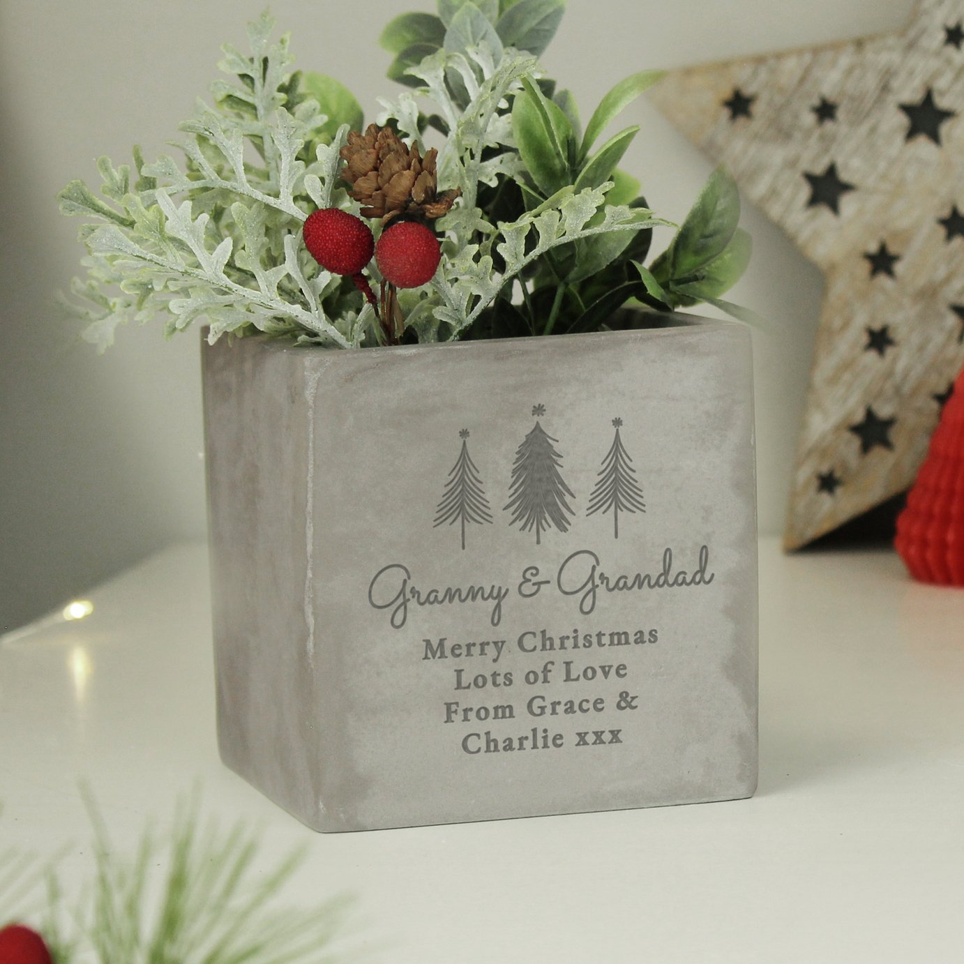 Personalised Message Christmas Tree Concrete Planter