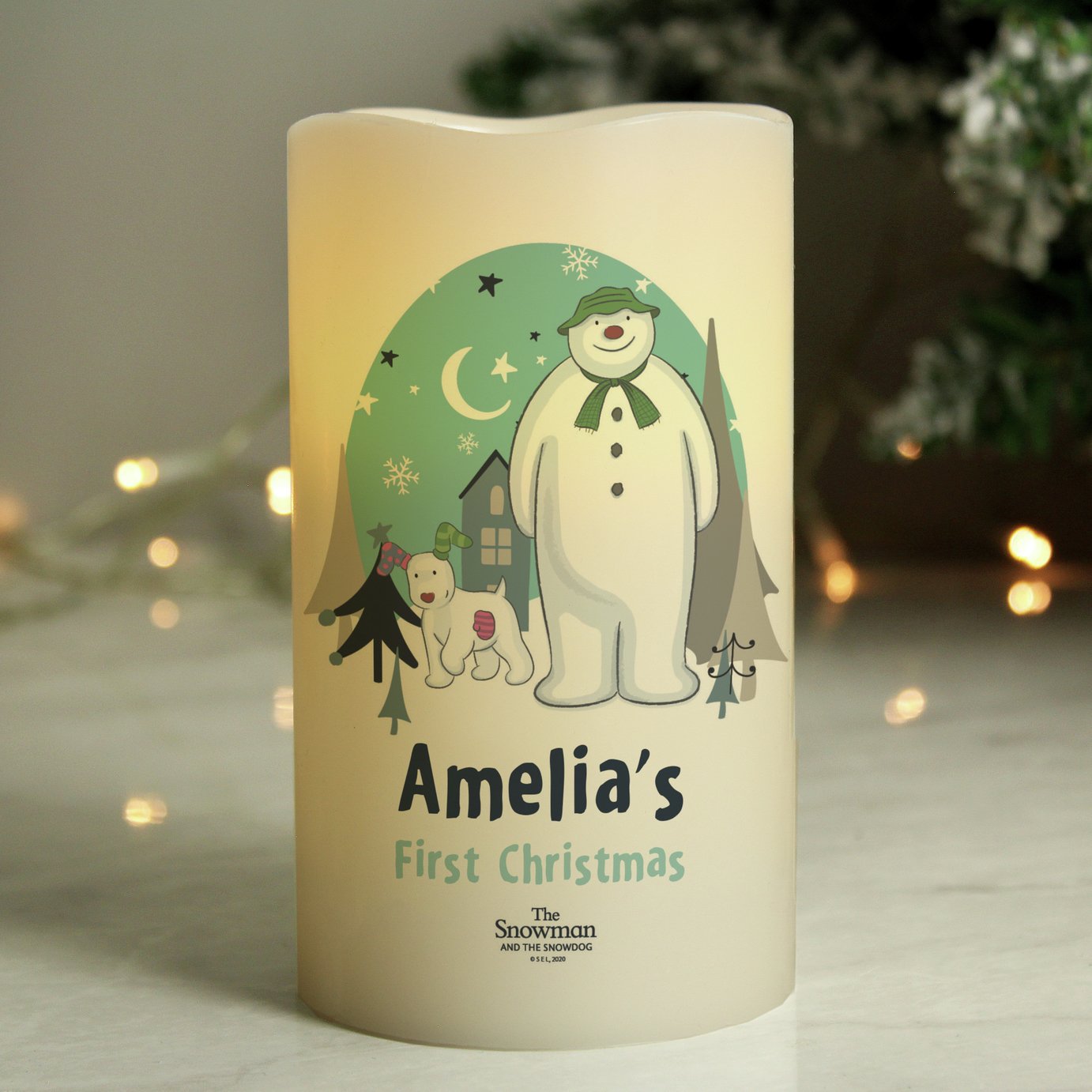 Personalised Message Snowman And Snowdog LED Candle