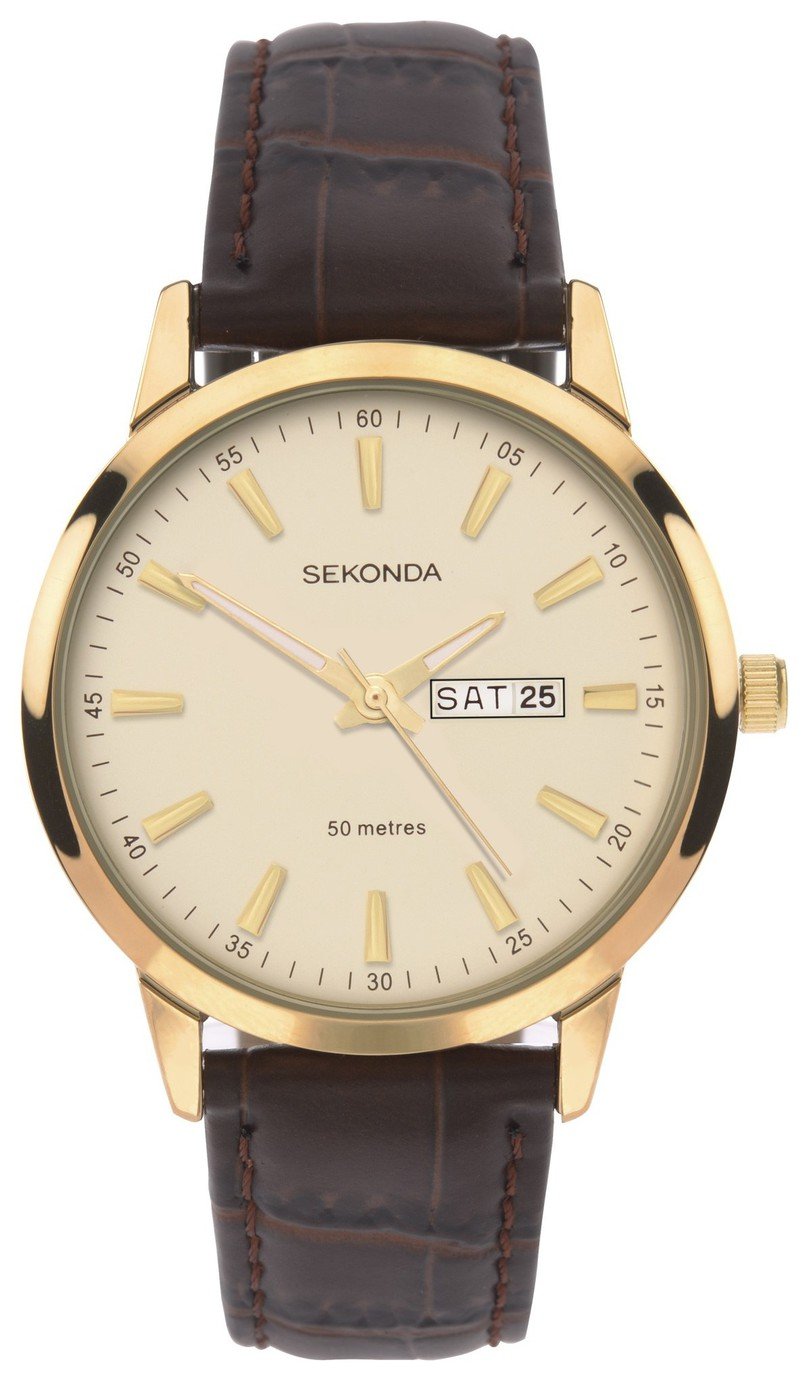 Sekonda Men's Gold Plated Case Brown Leather Strap Watch