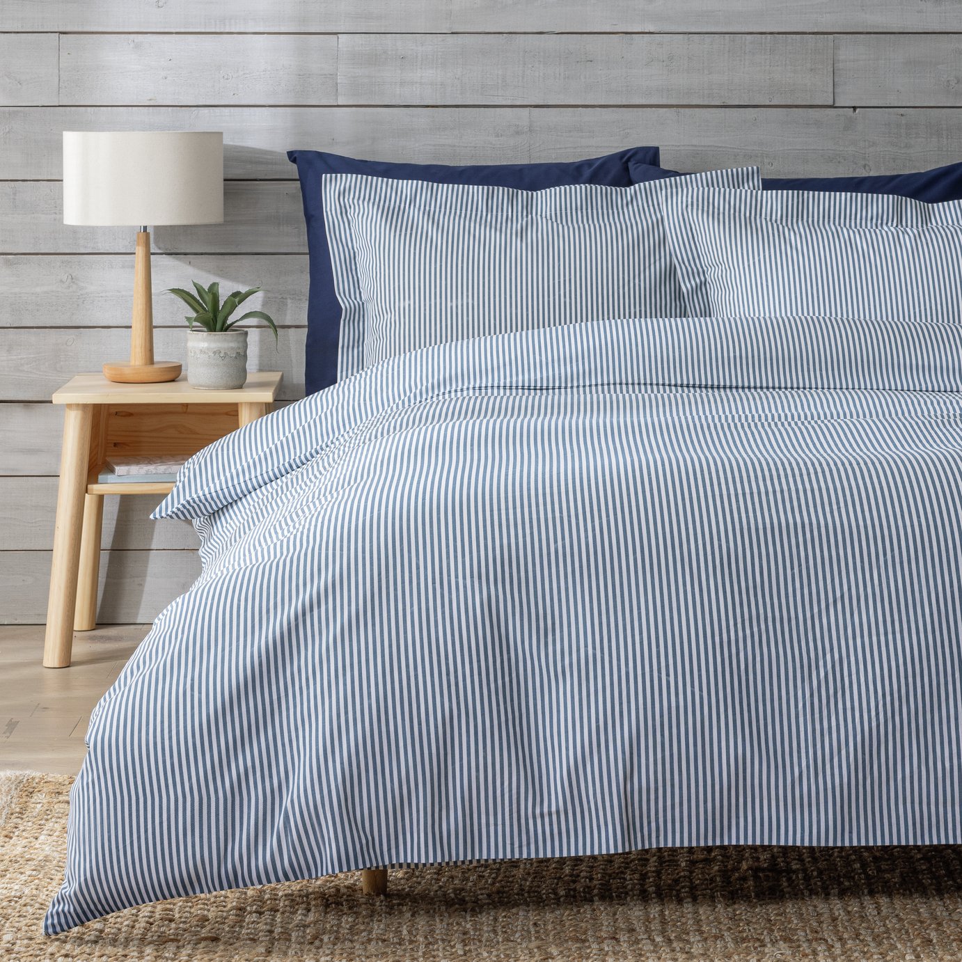 Habitat Cotton Denim Blue Stripe Bedding Set - Superking