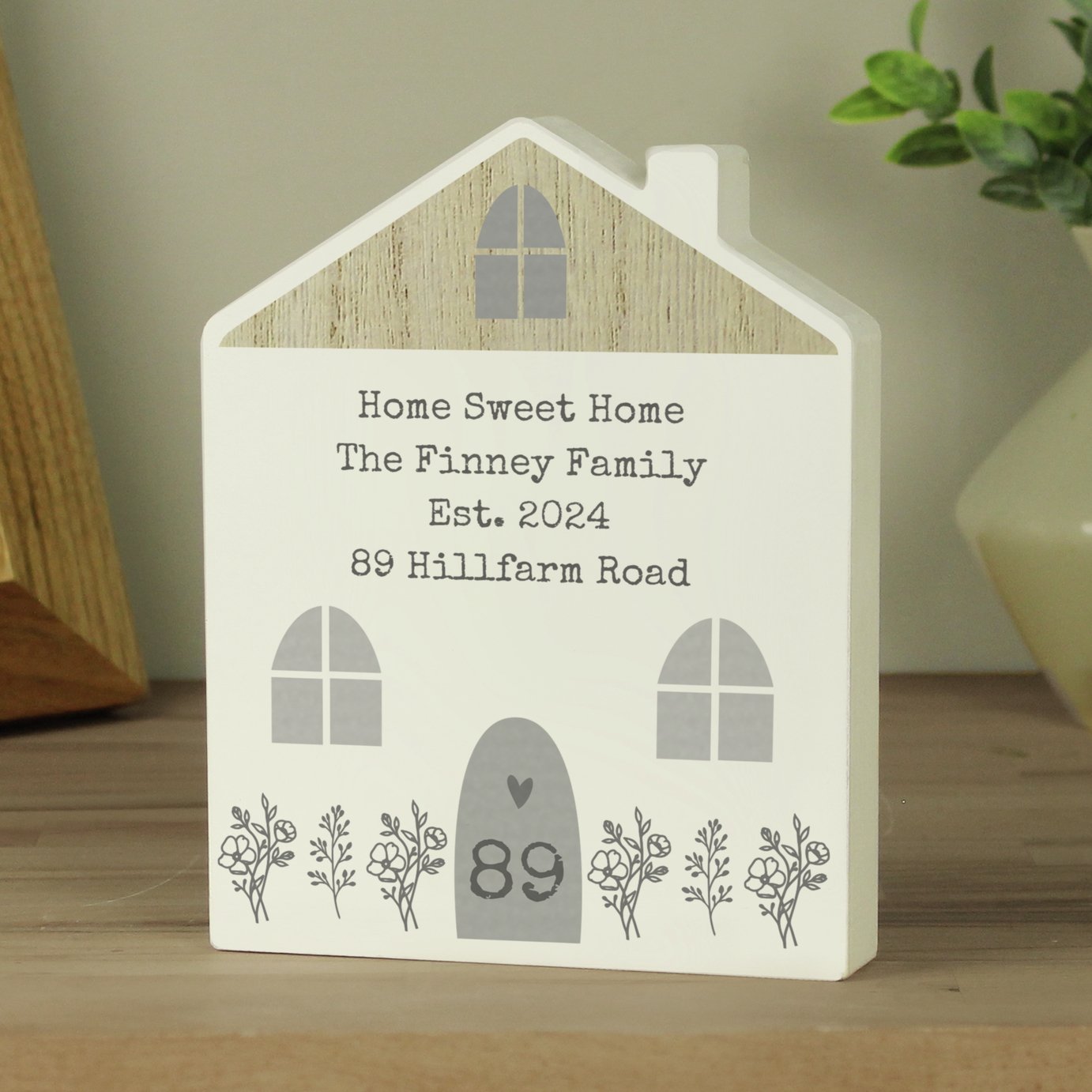 Personalised Message Grey Wooden House Ornament