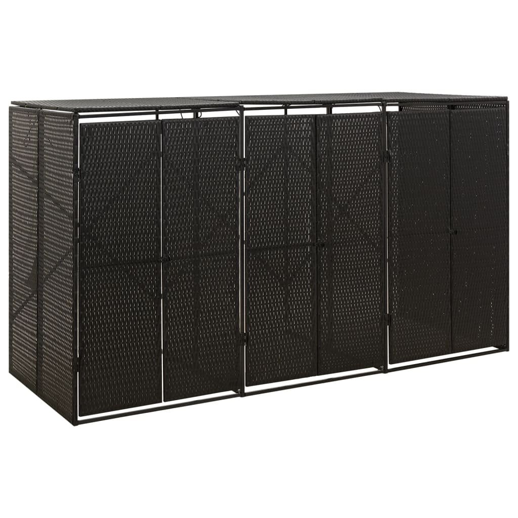 Walplus Triple Poly Rattan Wheelie Bin Store - Black - 207 x 80 x 117 cm