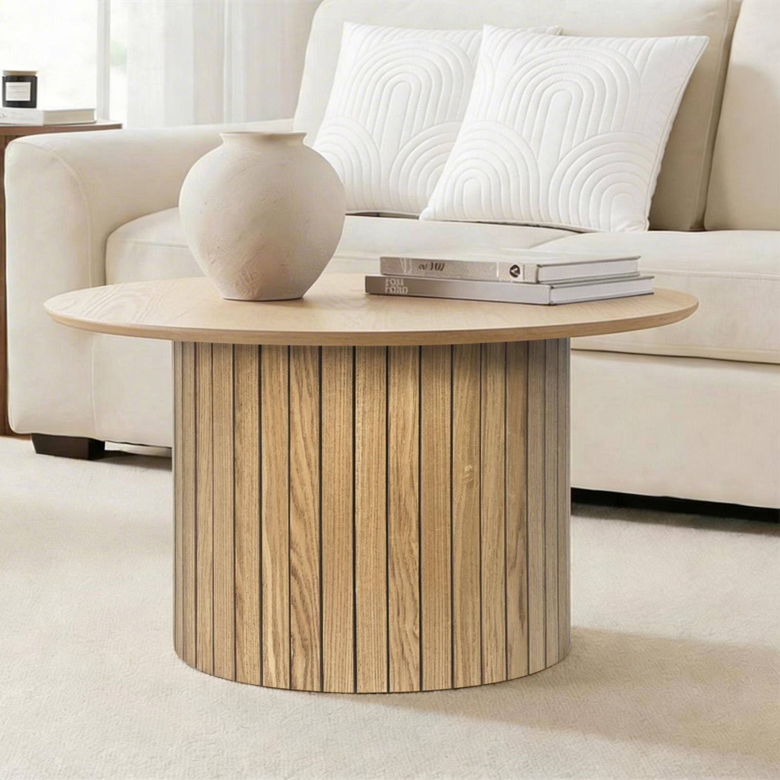 OHS Madison Ribbed Round Coffee Table - Light Wood