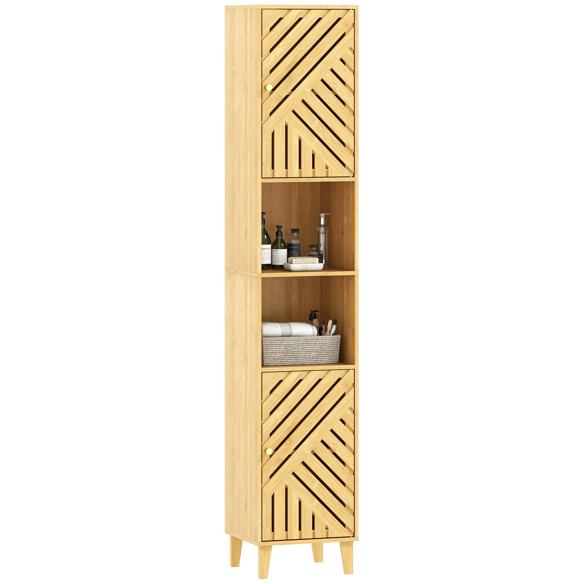 HOMCOM Tall Bathroom Cabinet with Bamboo Doors and Legs - Natural Wood