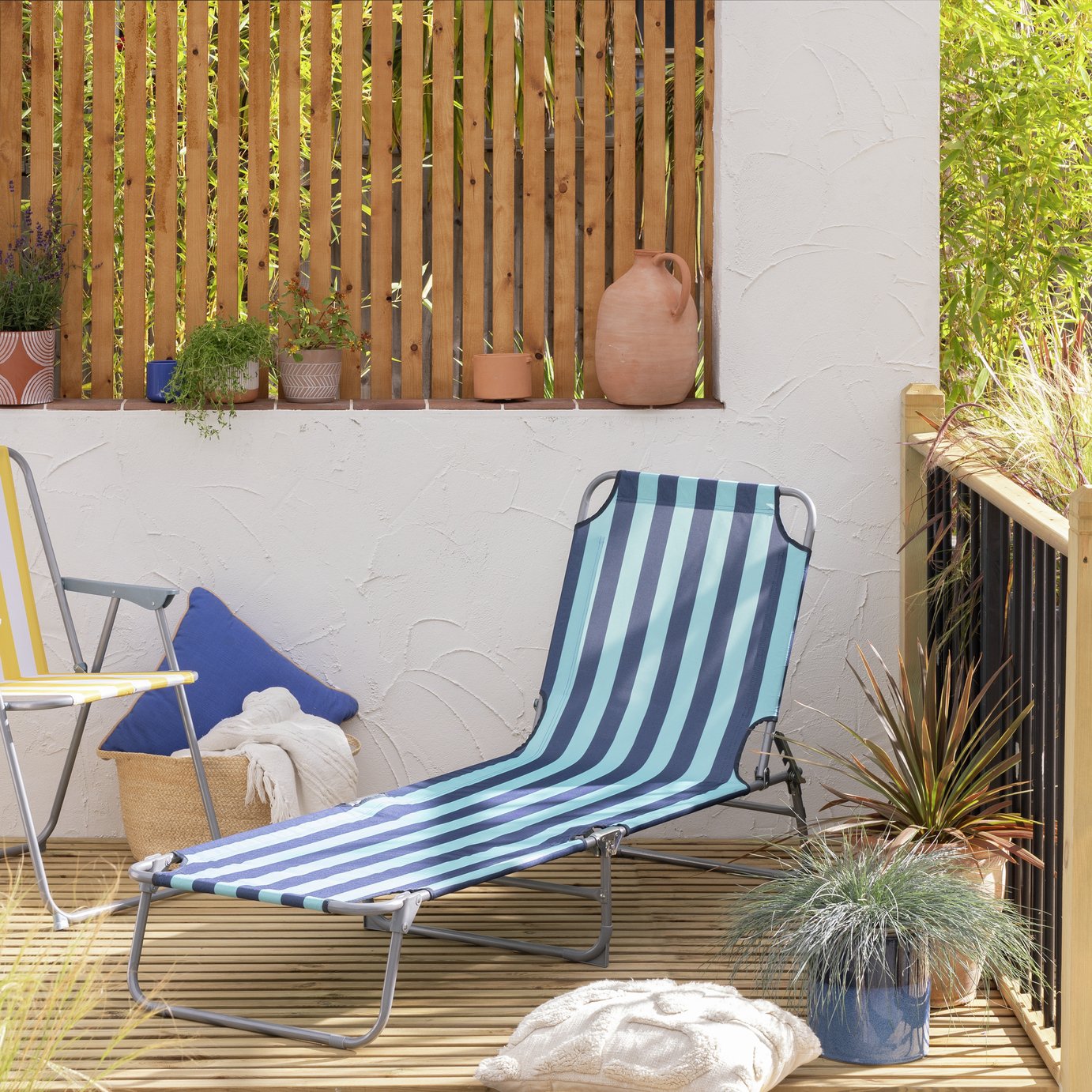 Habitat Bright Stripe Folding Metal Sun Lounger - Blue
