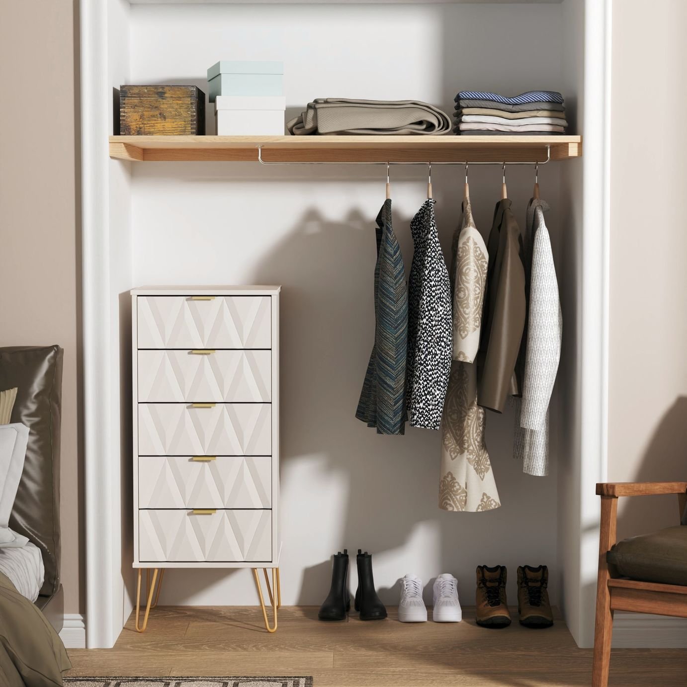 Livara Ready Assembled Shimmer 5 Drawer Tallboy - Beige