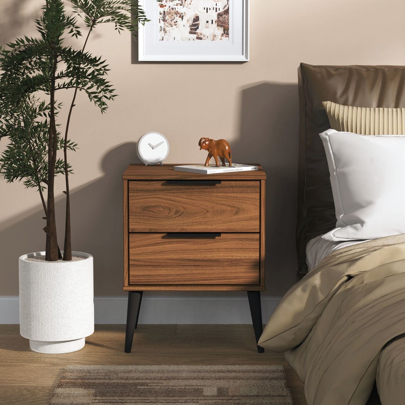 Livara Ready Assembled Bergen 2 Drawer Bedside Table -Walnut