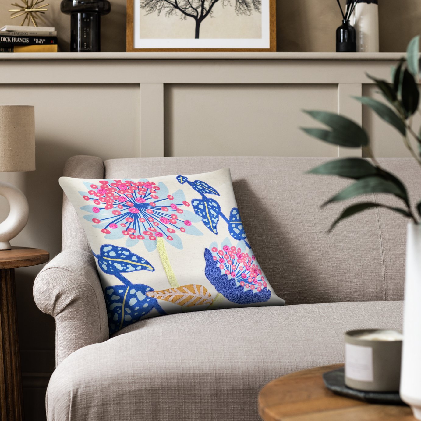 Habitat Scandi Floral Cushion - Cream - 43x43cm