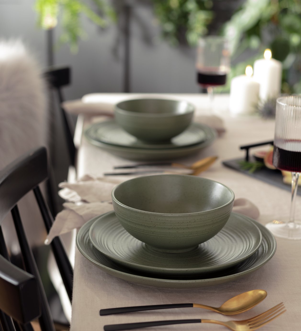 Habitat Textured Ripple 12 Piece Stoneware Dinner Set - Sage