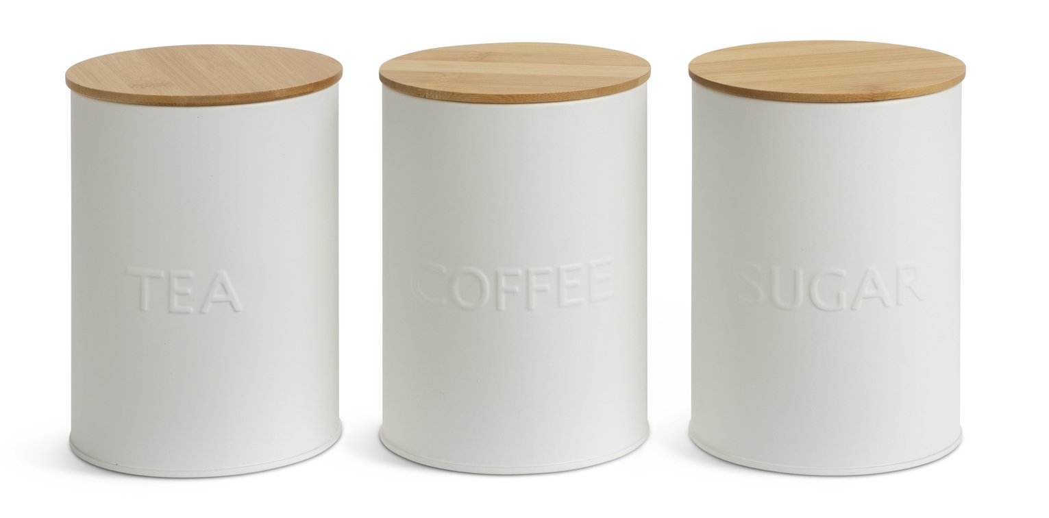 Habitat Embossed Text Pack of 3 Canisters - White