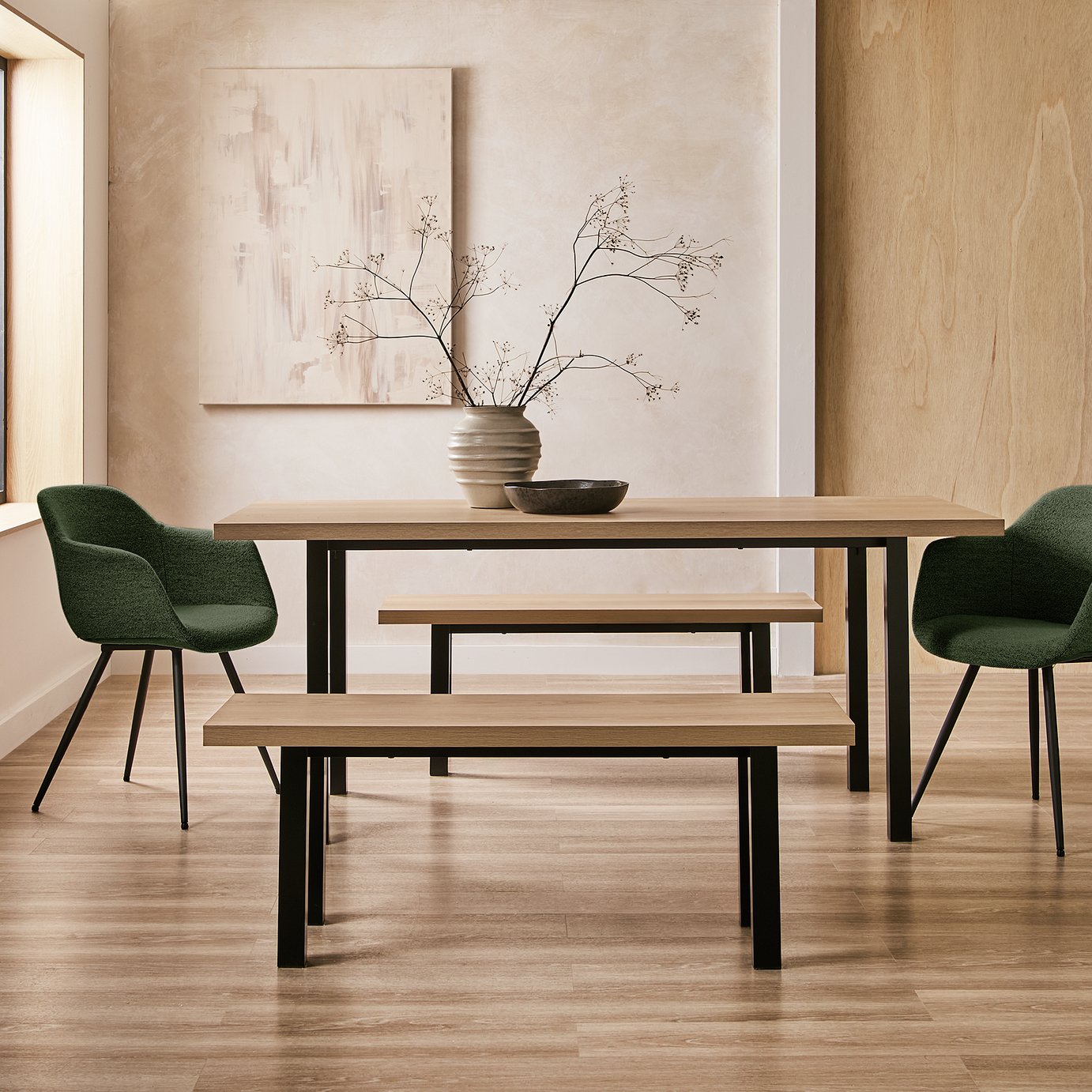 Habitat Zayn Birch Dining Table,2 Bench & 2 Green Chairs