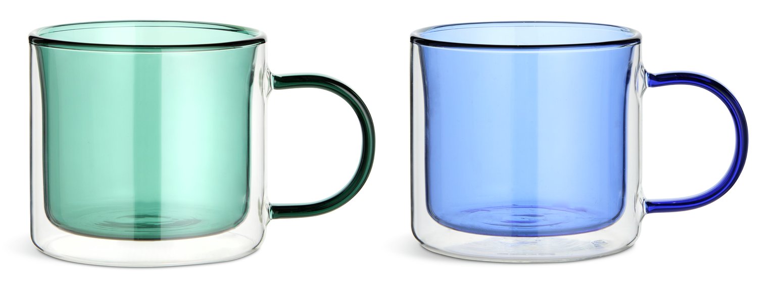 Habitat Double Walled Set of 2 Mugs - Blues & Green