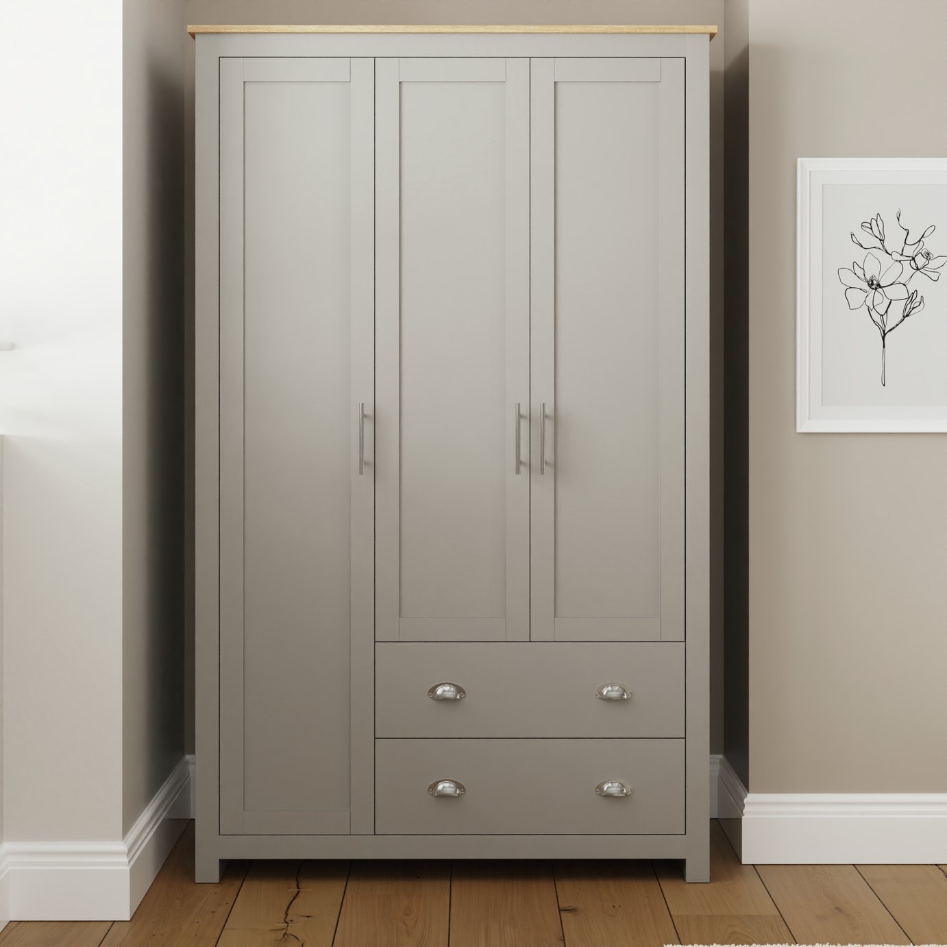 GFW Lancaster 3 Door 2 Drawer Wardrobe - Grey Oak