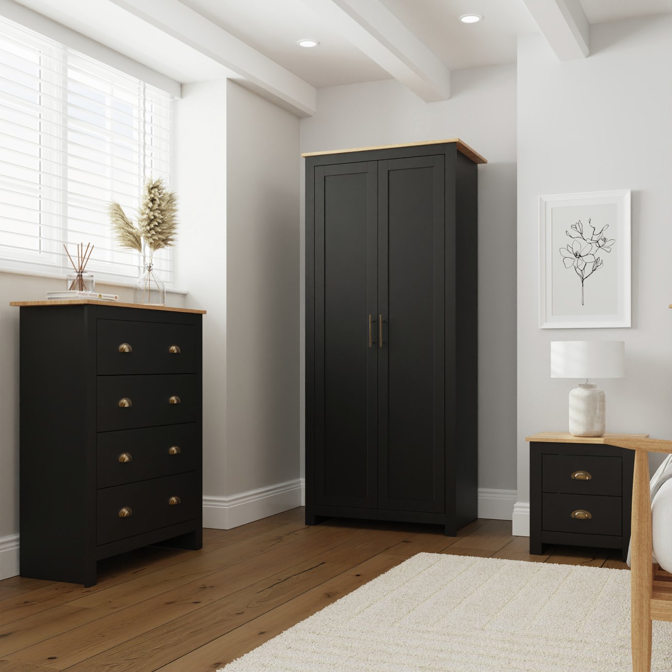 GFW Lancaster 3 Piece 2 Door Wardrobe Set - Black & Oak