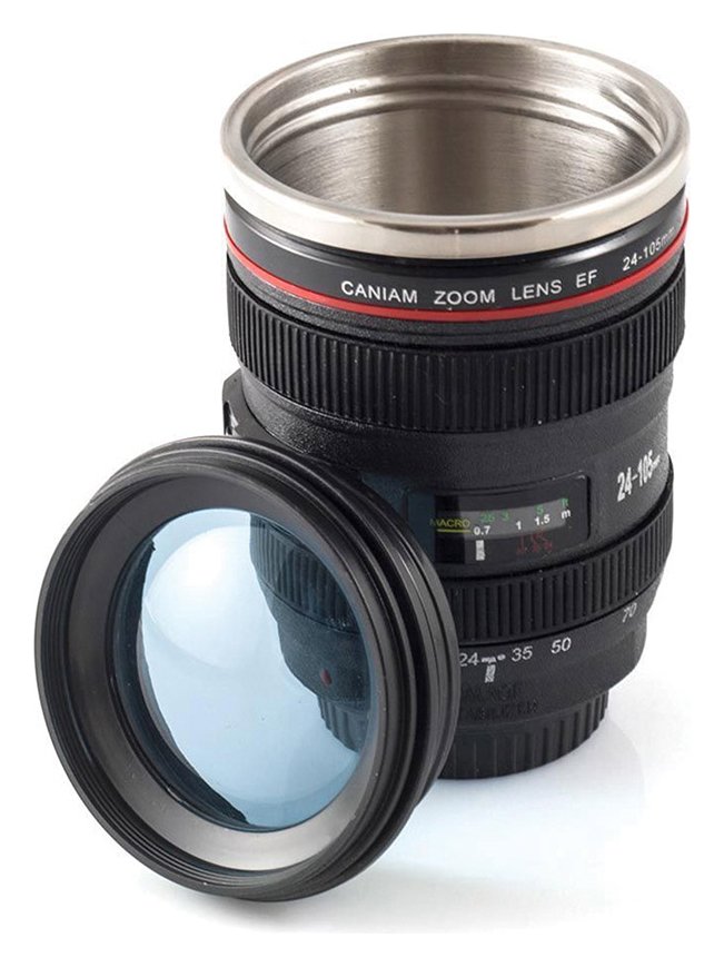 Menkind Camera Lens Lid Black Travel Mug - 300ml