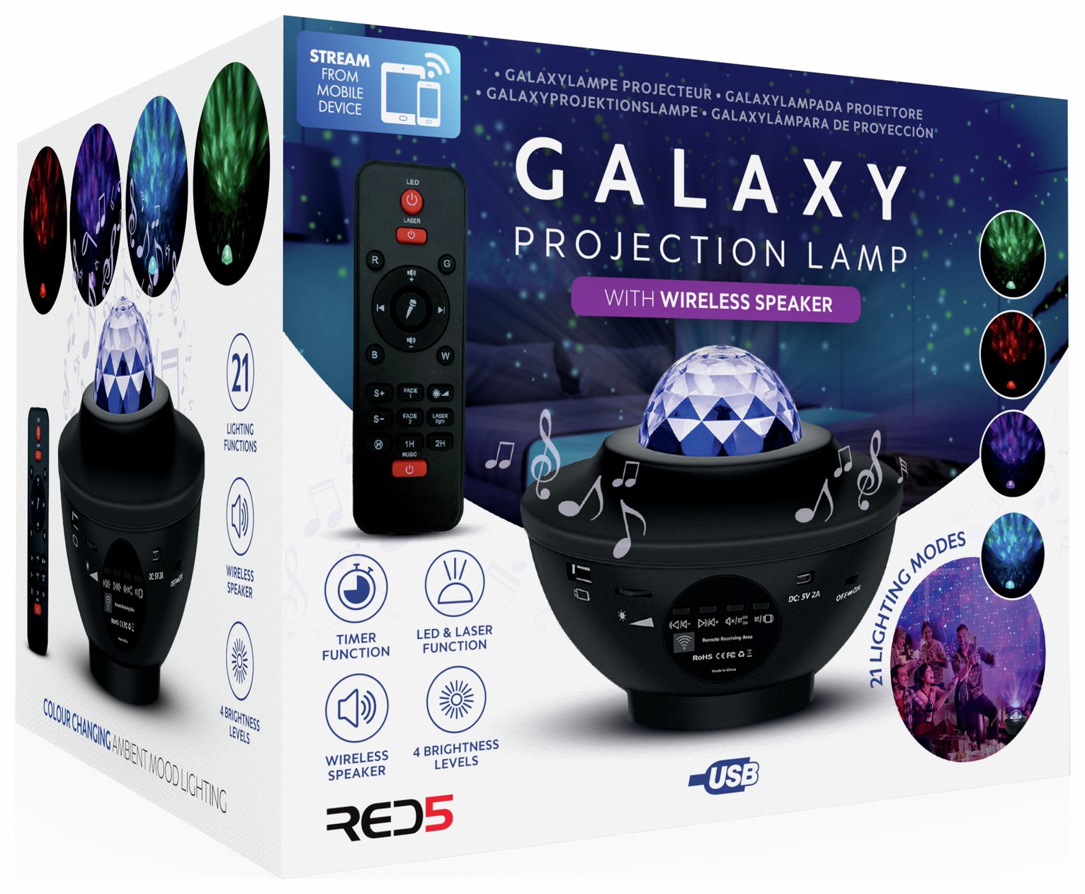 Menkind RED5 Galaxy Projection Lamp With Bluetooth Speaker