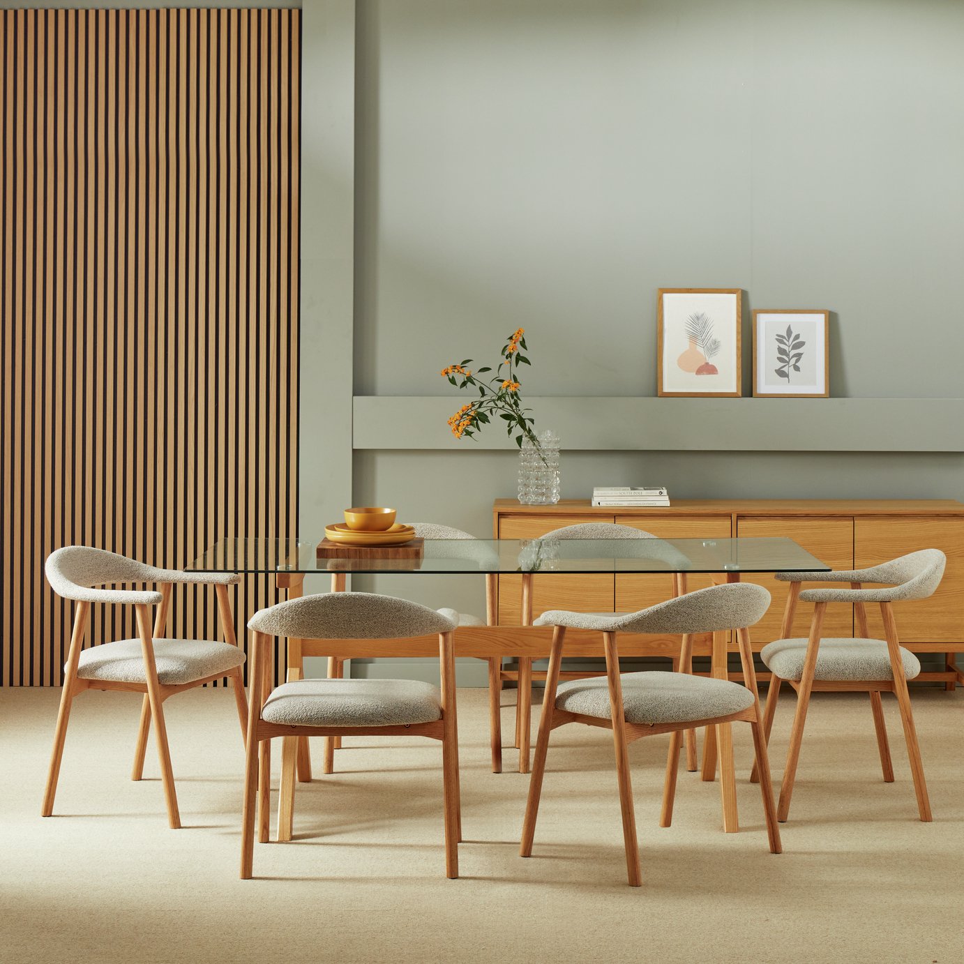 Habitat Zela Glass Natural Dining Table & 6 Natural Chairs