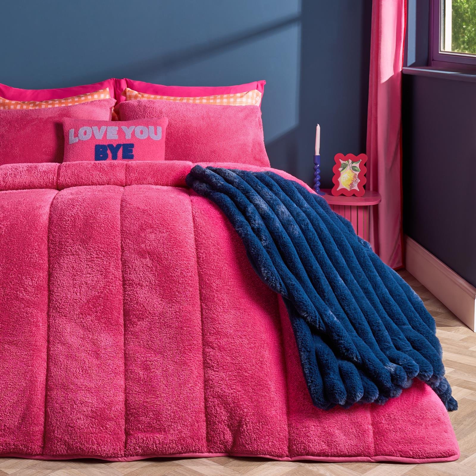 OHS Teddy Fleece 10.5 Tog Thermal Coverless Duvet Set Hot Pink - Double