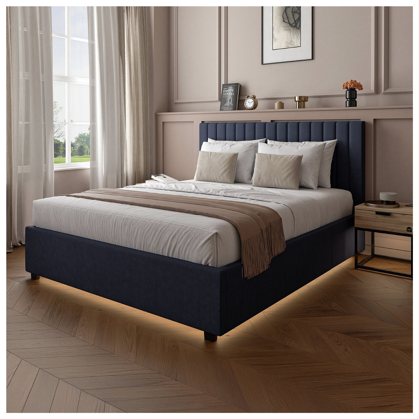 XR Living Maisie Kingsize Side Lift LED Ottoman Bed - Navy