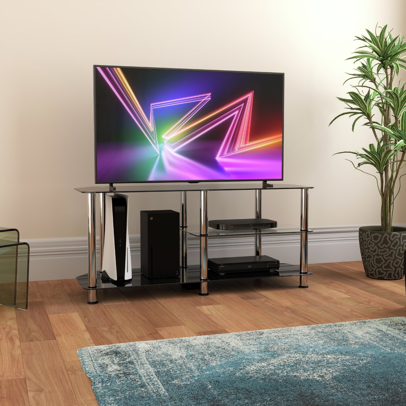 AVF SDC1140-5 Up to 55 Inch Glass TV Stand - Black & Chrome