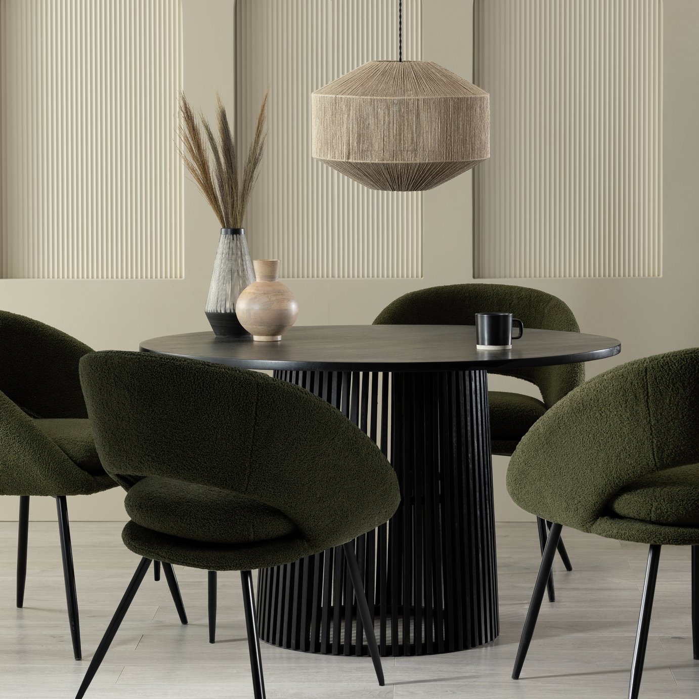 Habitat Jericho Round Black Dining Table & 4 Green Chairs