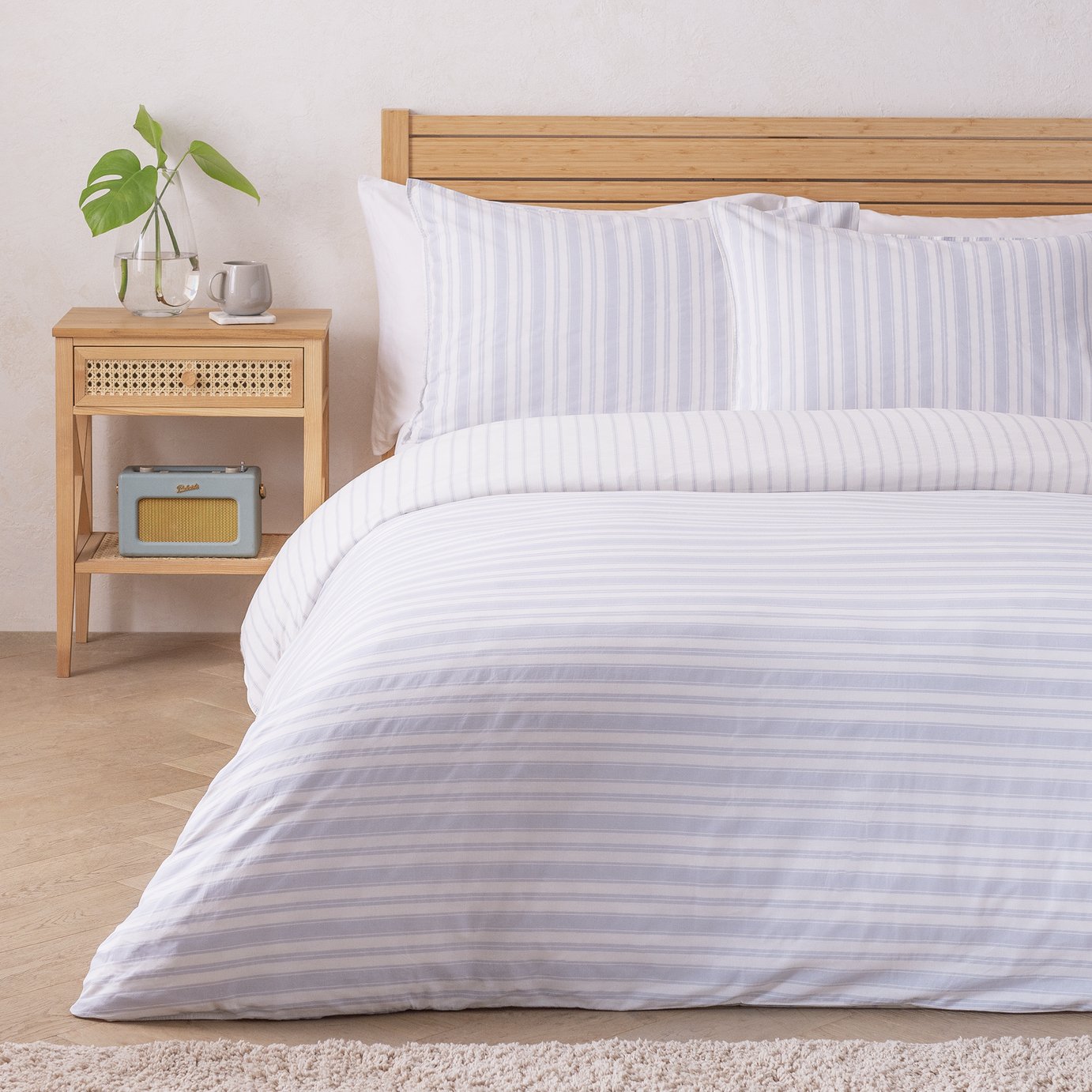 Habitat Cotton Washed PJ Stripe Blue Bedding Set - Double