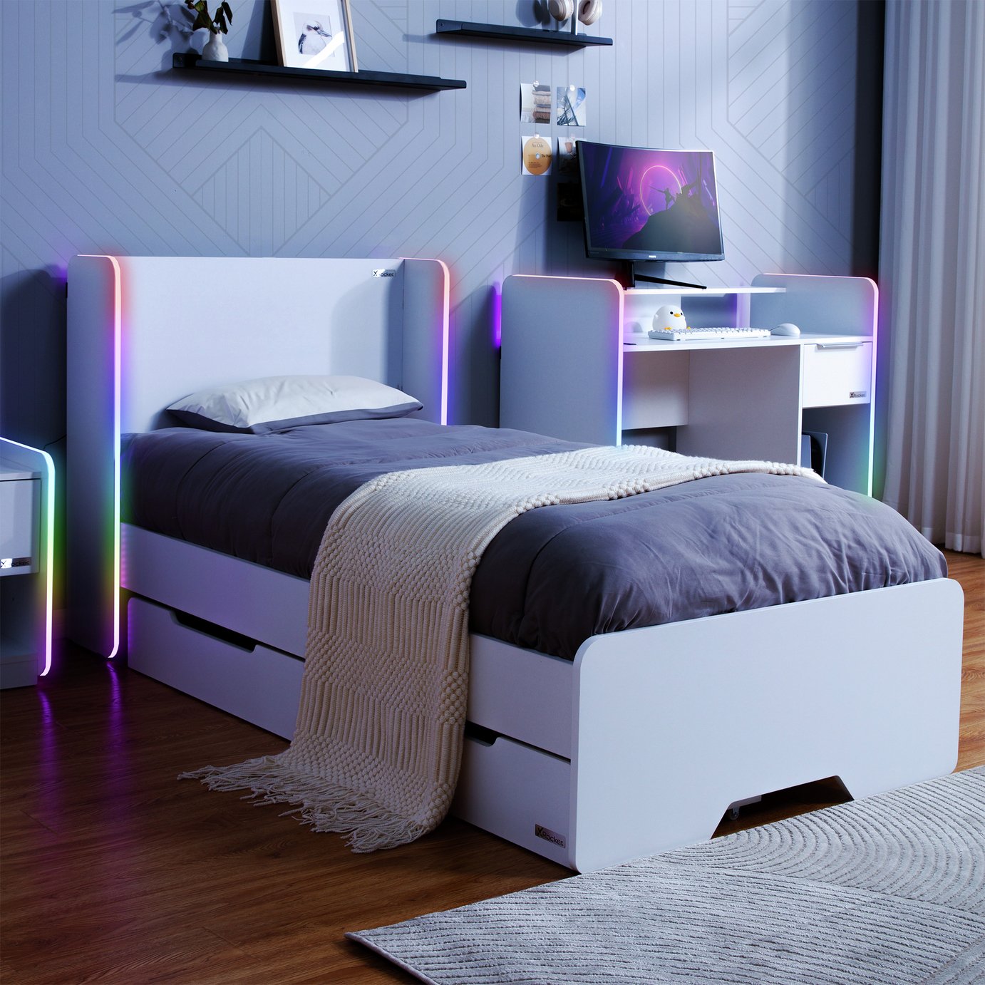 X Rocker Electra Single Gaming Storage Bed with LED - White