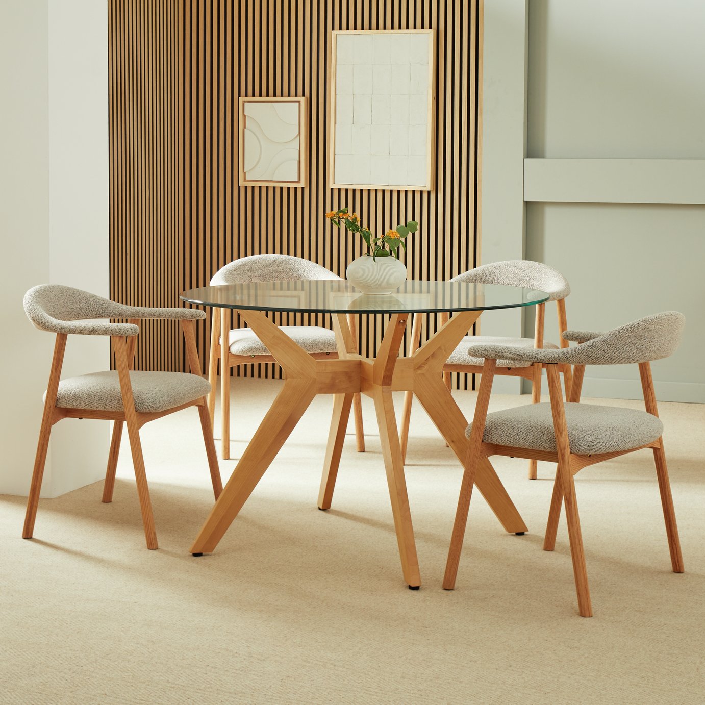 Habitat Zela Glass Natural Dining Table & 4 Natural Chairs