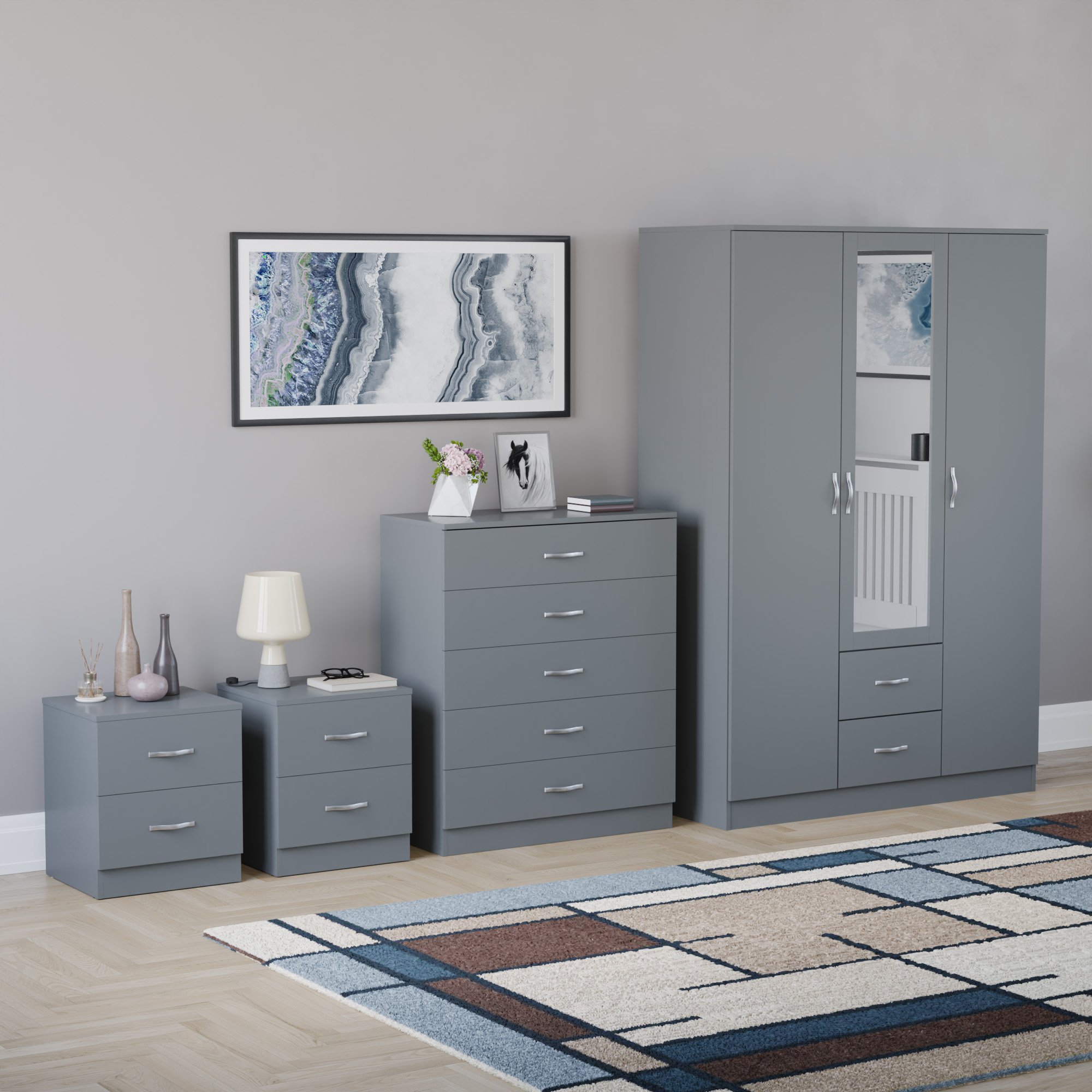 Vida Designs Riano Bedroom Set (Bedsides, 5 Drawer Chest, Mirror Wardrobe)- Grey