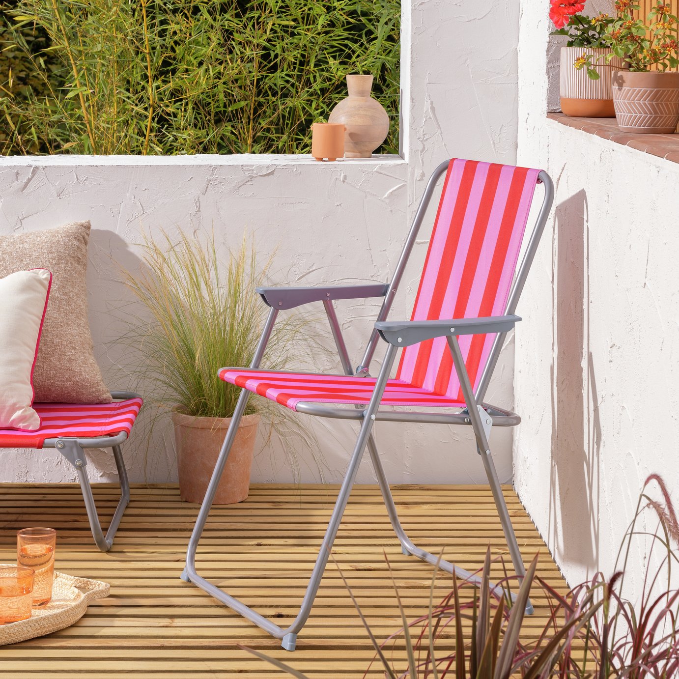 Habitat Folding Metal Garden Chair- Pink & Red