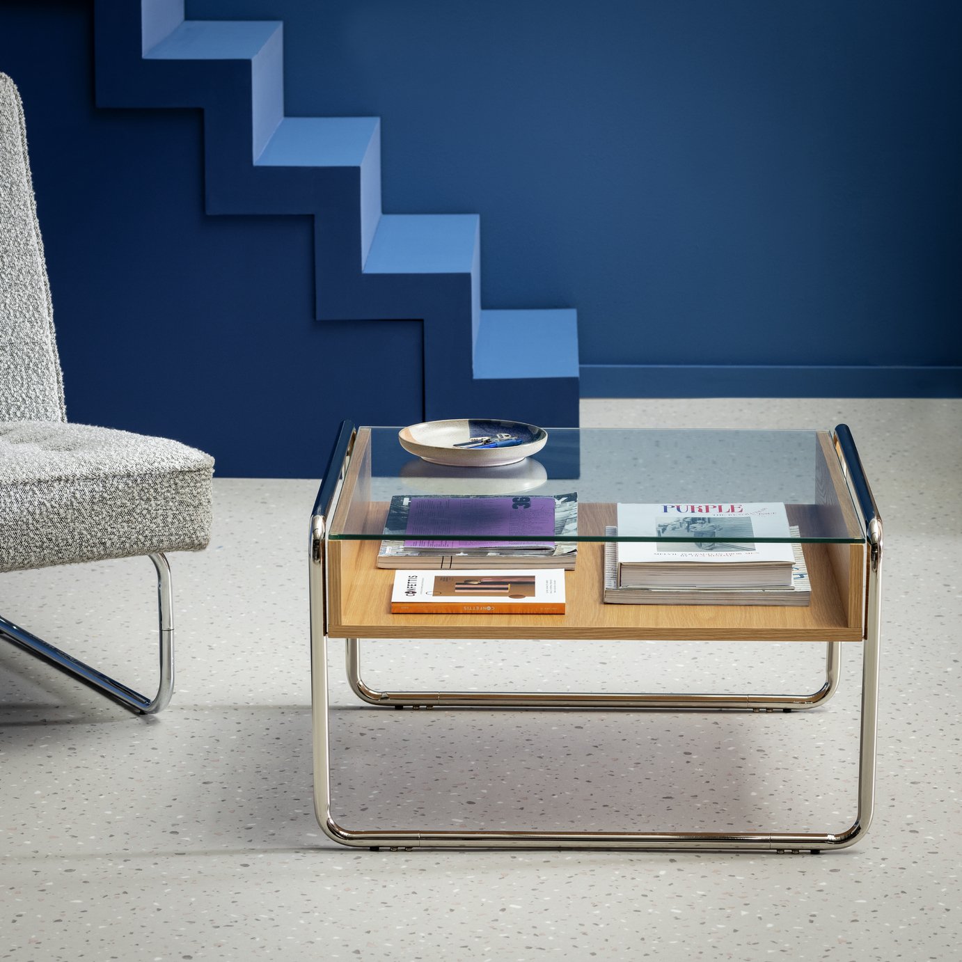 Habitat 60 Acciaio Oak Venner and Glass Coffee Table-Natural