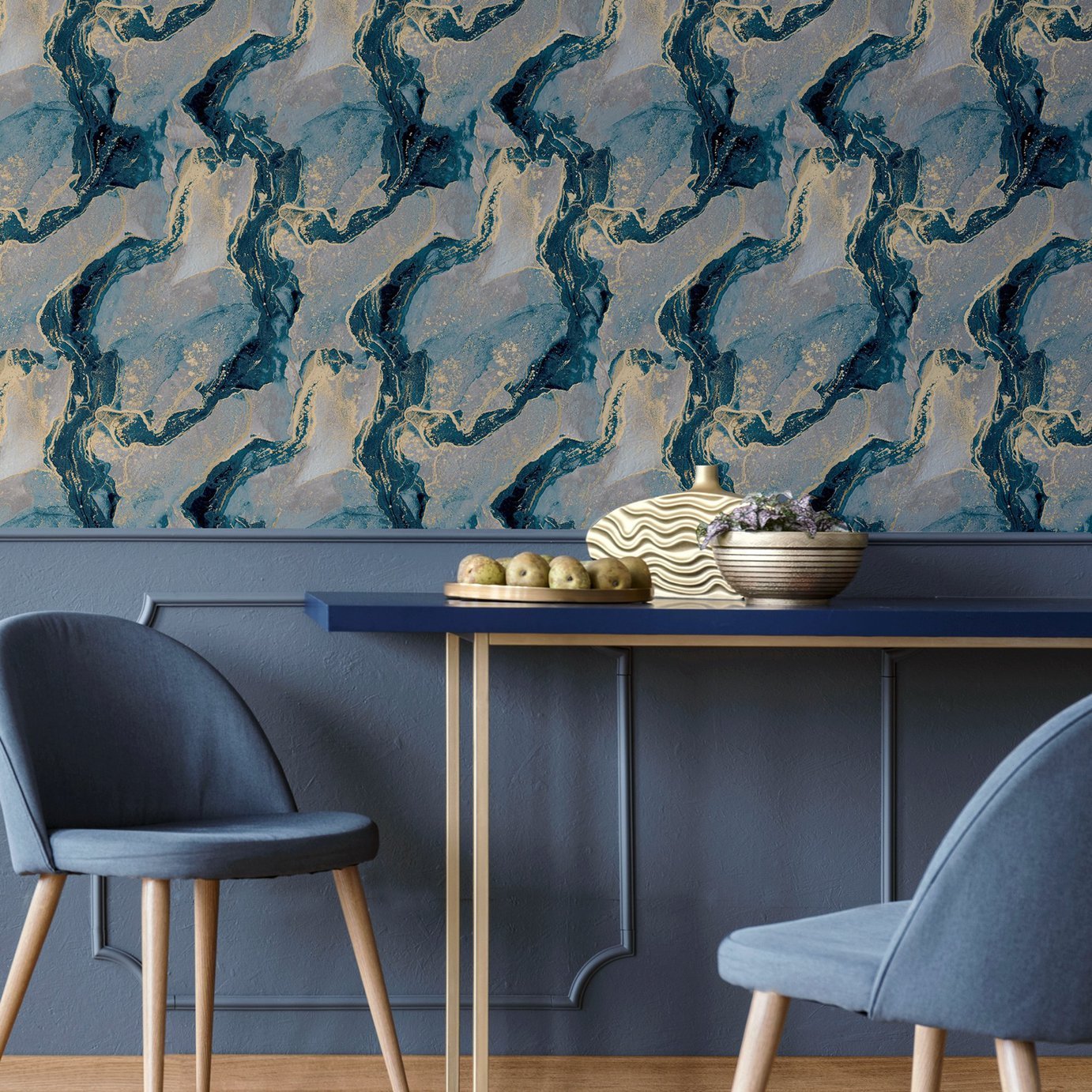 Arthouse Marble Design Blue and Gold Metallic Wallpaper